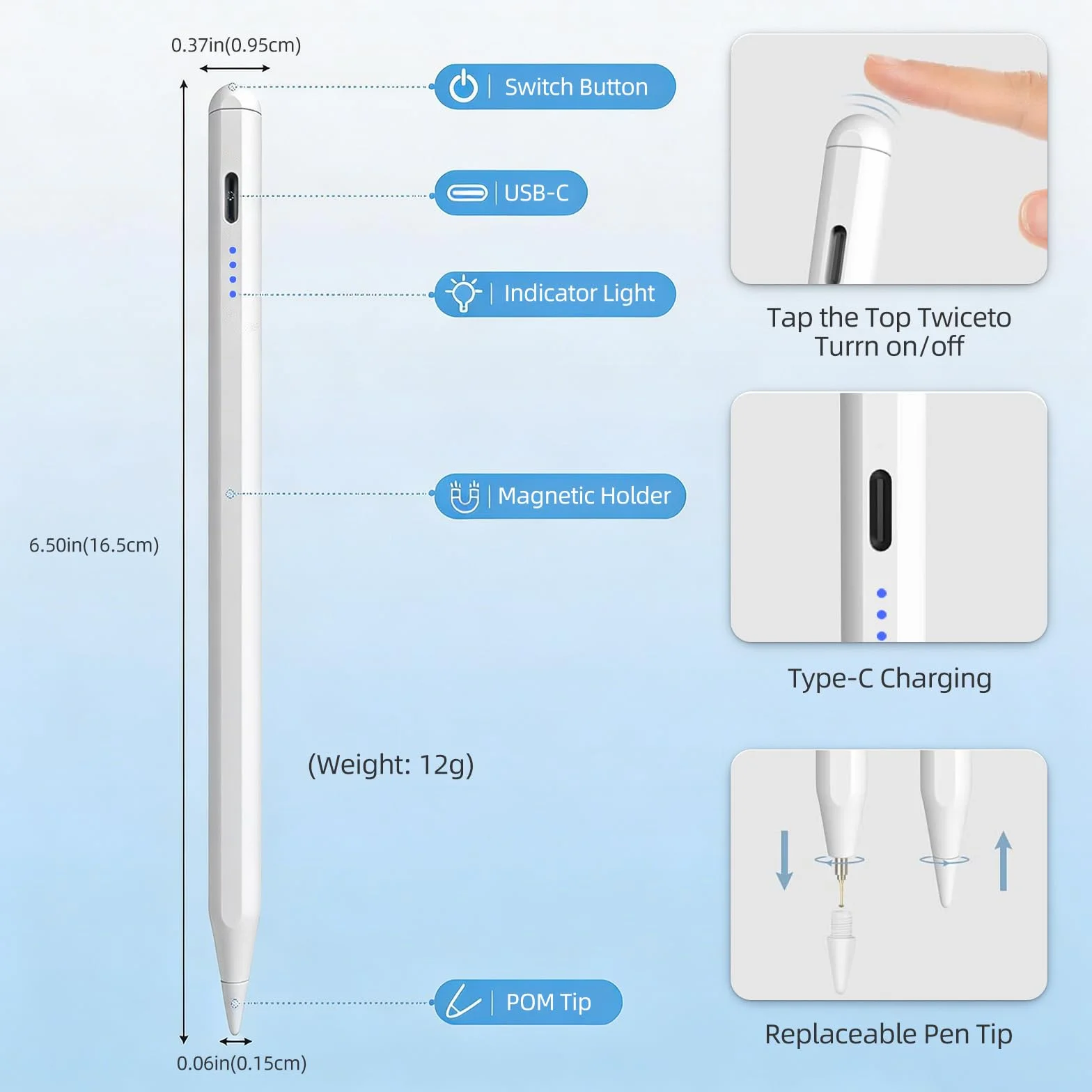 Stylet pour iPad 2018-2026, Précision de Pixe, Reject de Paume, Détection d'inclinaison, Pencil Charge Rapide, Compatible avec iPad 11/10/9/8/7/6/A16, Mini 7/6/5/4, Air M4/M3/M2, Pro M5/M4 13/12.9/11″