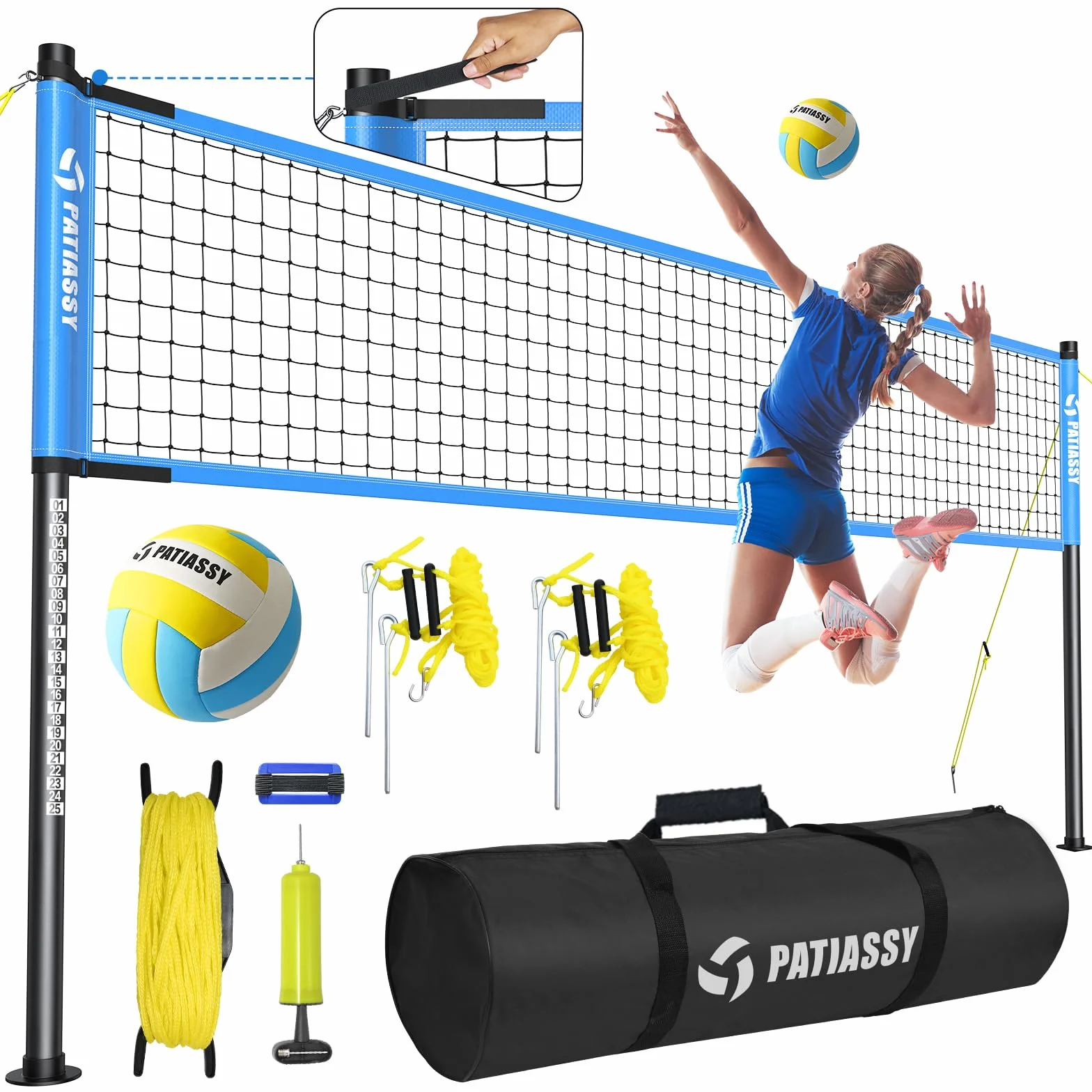 Filet de volleyball professionnel avec poteaux en acier réglables et ballon en polyuréthane pour plage et jardin