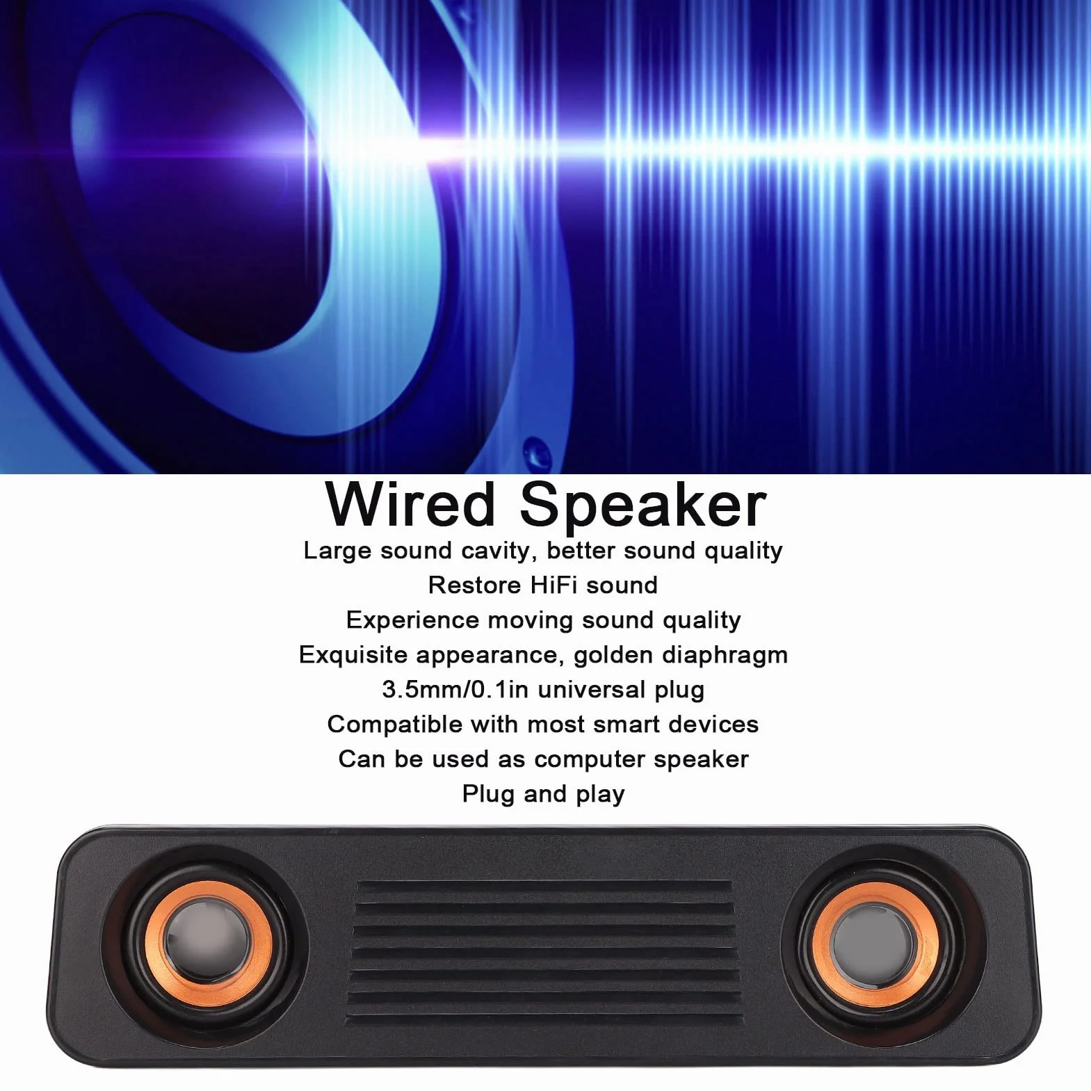 Barre de Son pour TV, Haut-Parleur Filaire Portable HiFi Stéréo Caisson de Basses, USB, Prise 3,5 mm