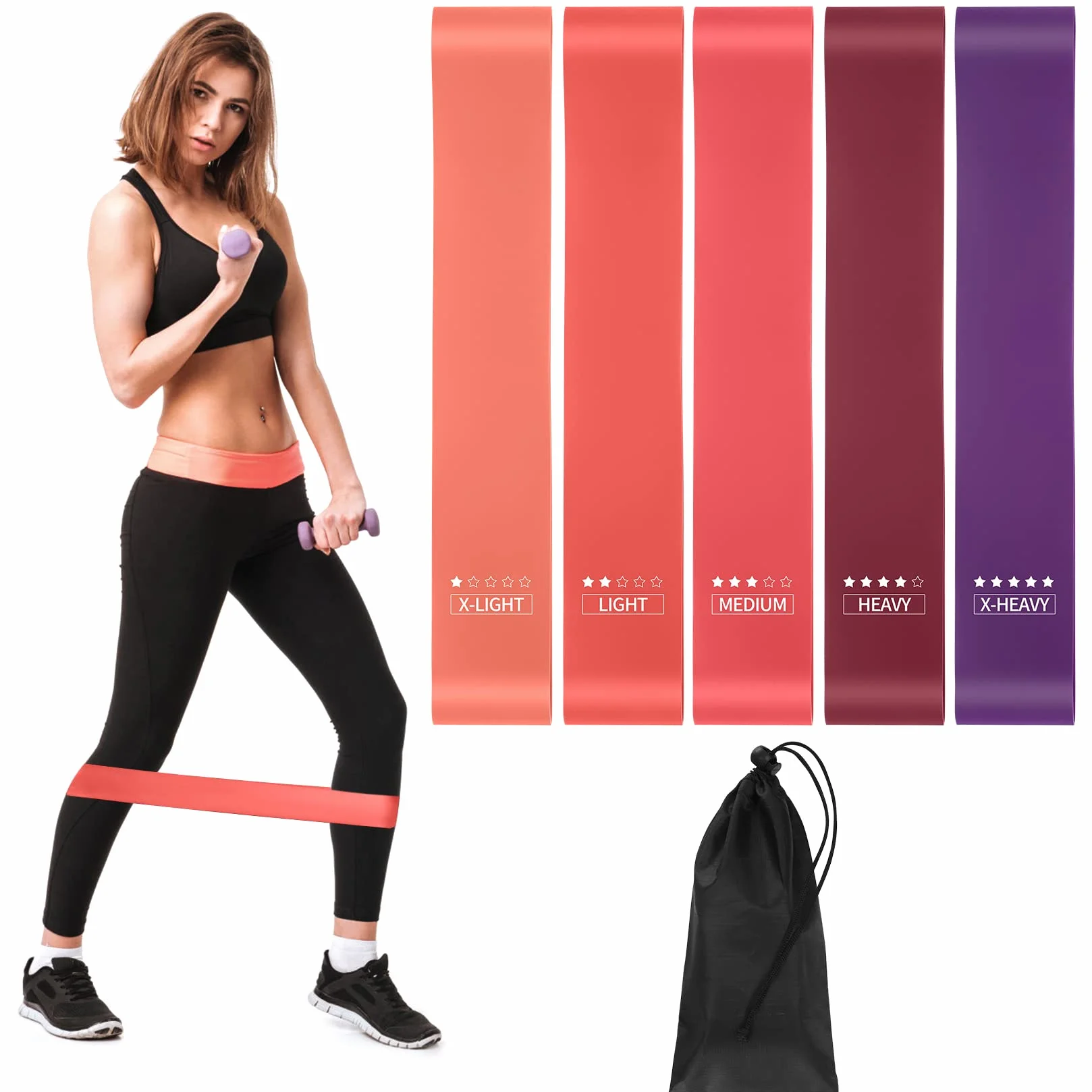 Bande de Résistance Élastique Fitness 5 Pièces avec 5 Niveaux pour Pilates Yoga Sport