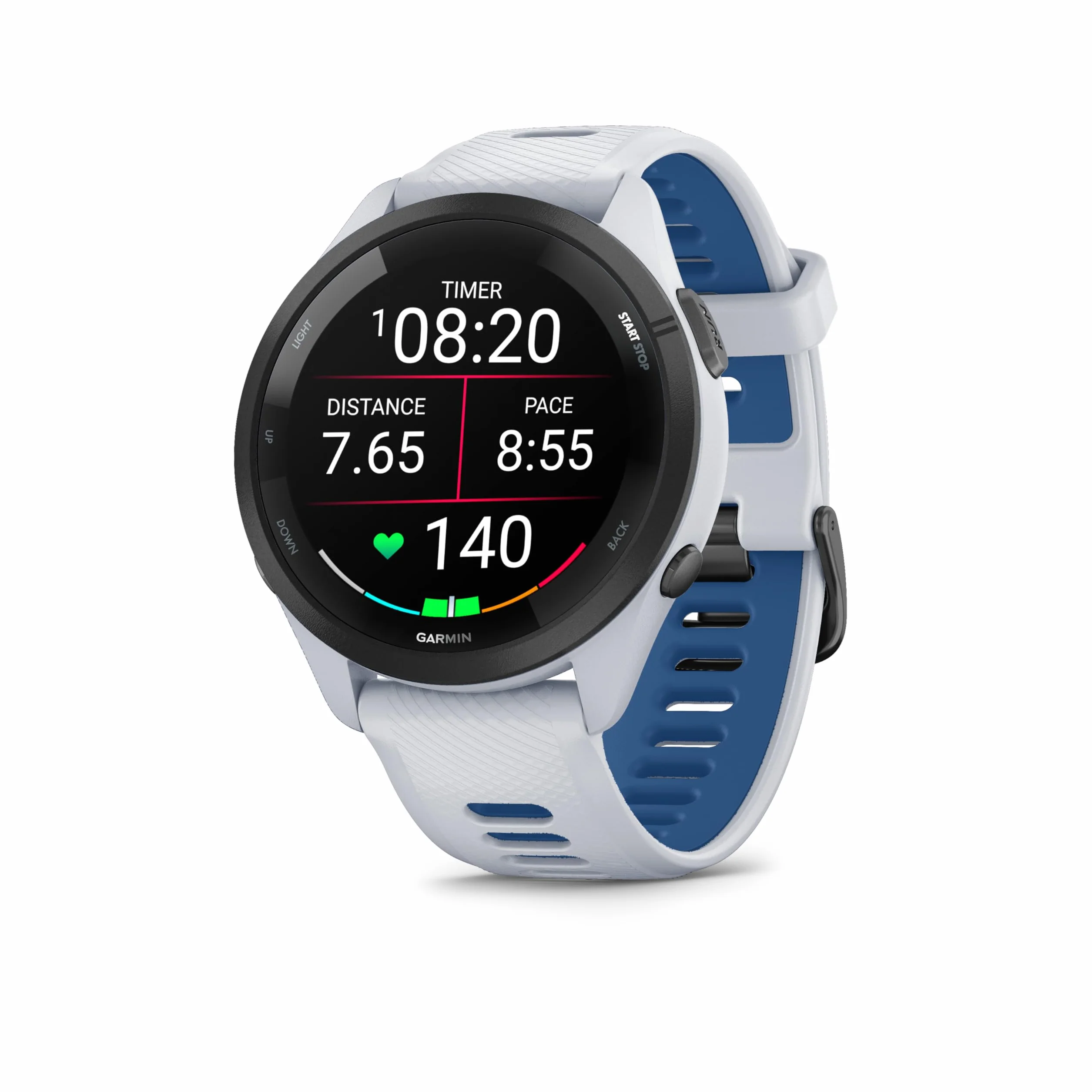 Garmin Forerunner 265 Montre GPS Running Écran AMOLED Blanche Bracelet Silicone Blanc Bleu Boîtier 46 mm