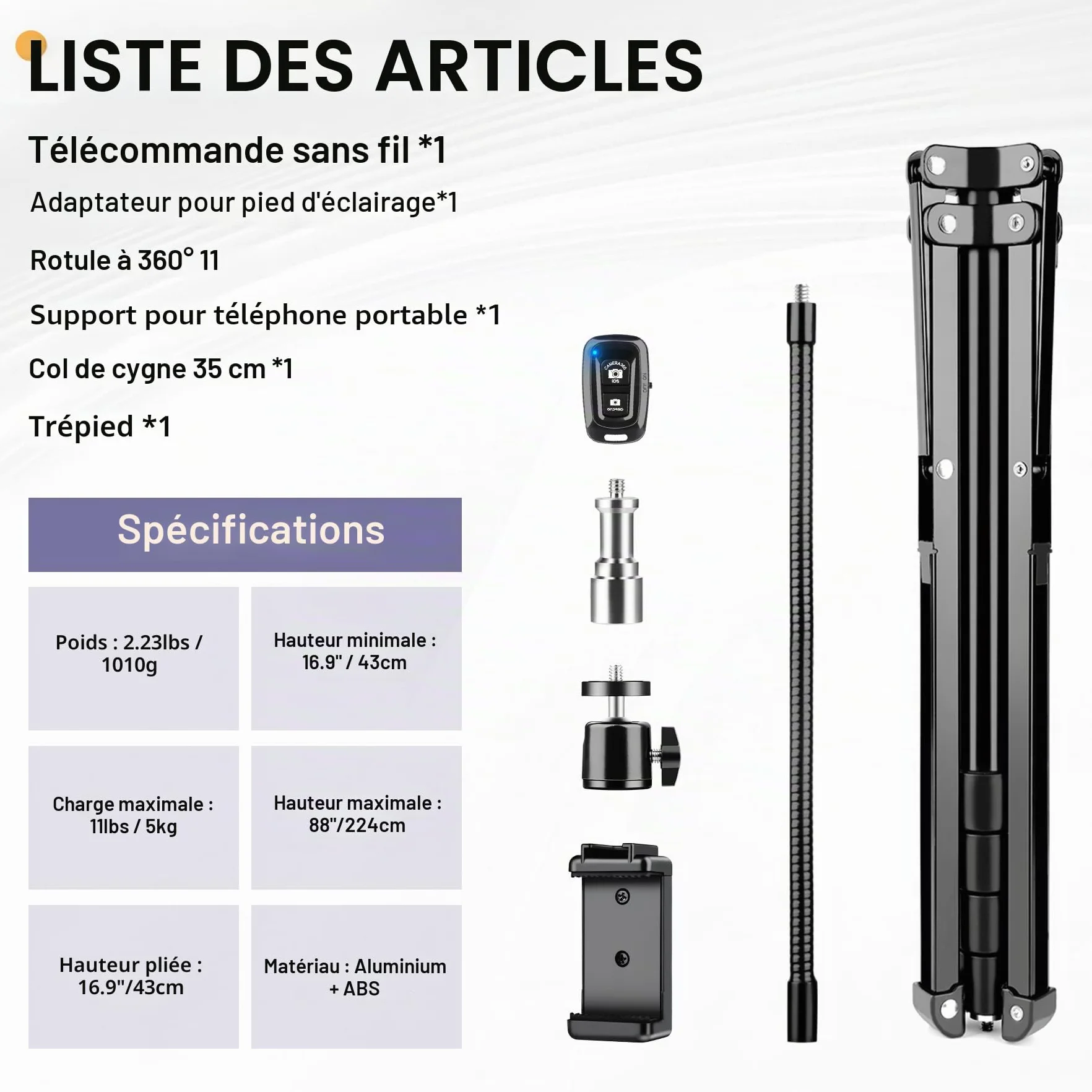 Victiv 224cm Haute Trepied Smartphone, Trépied Téléphone en Aluminium avec Col de Cygne Réglable, Télécommande, Support Telephone, Extensible Trépieds Appareil Photo avec Rotule à 360° pour DSLR Canon