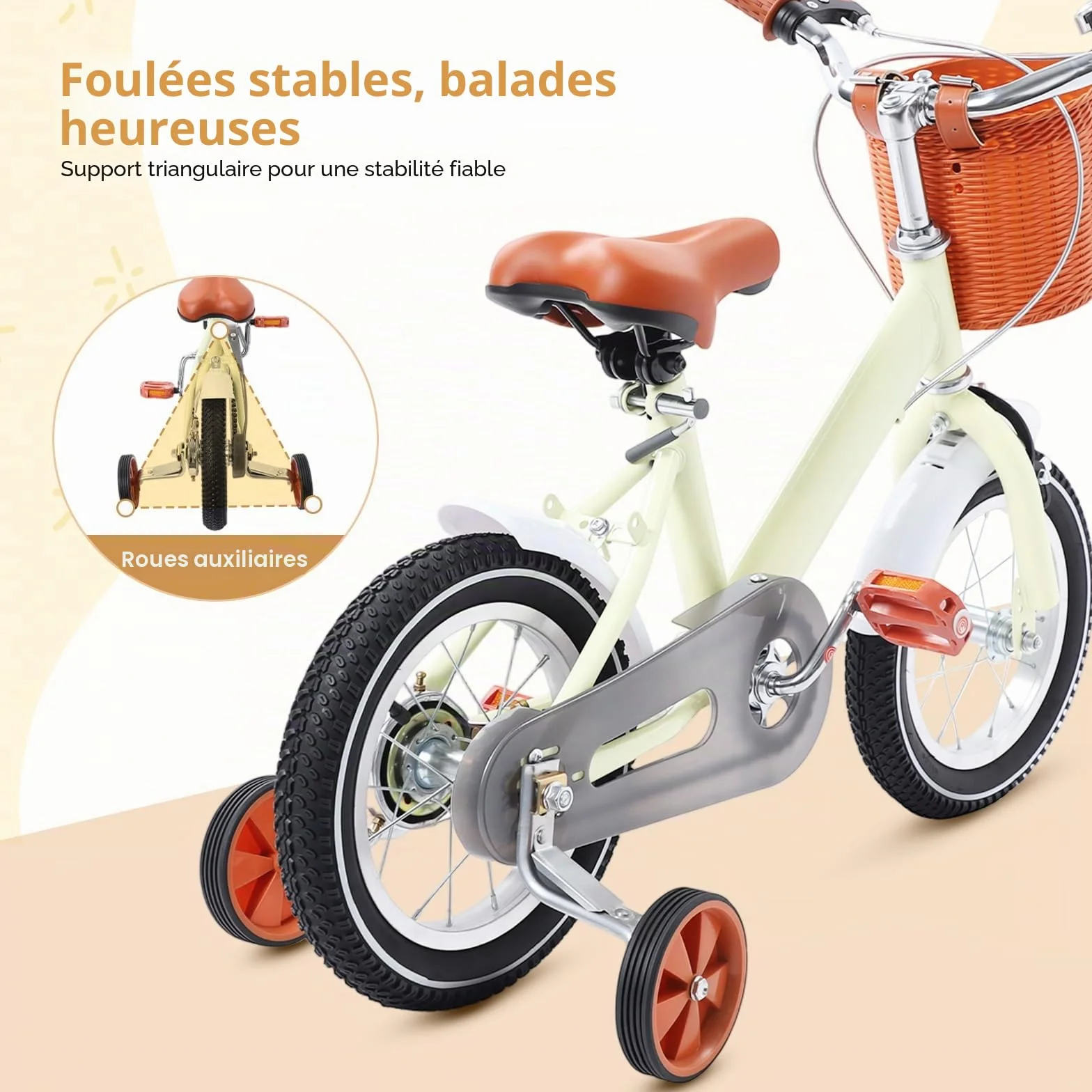 Vélo enfant 12 pouces avec panier avant roues stabilisatrices 2-4 ans hauteur réglable 60-70 cm