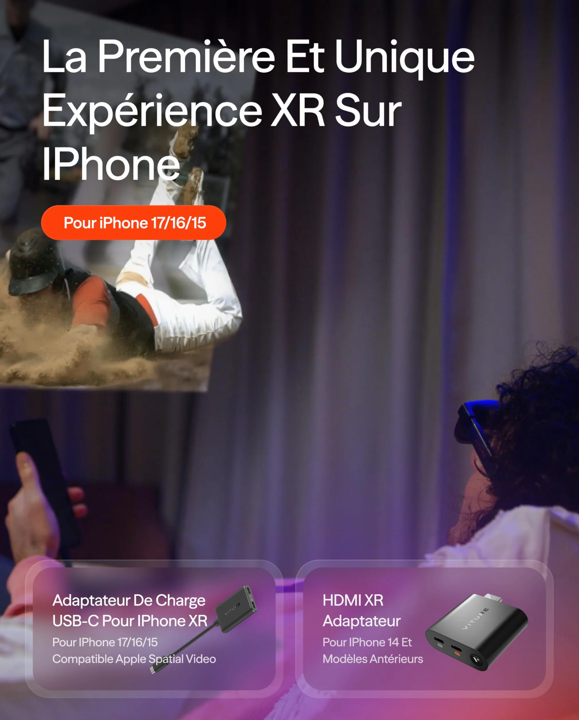 VITURE Adaptateur de Charge USB C XR USB-C iPhone Multi-écran 3DoF 3D Spatial VR Compatible iPhone 17/16/15 Charge Lecture