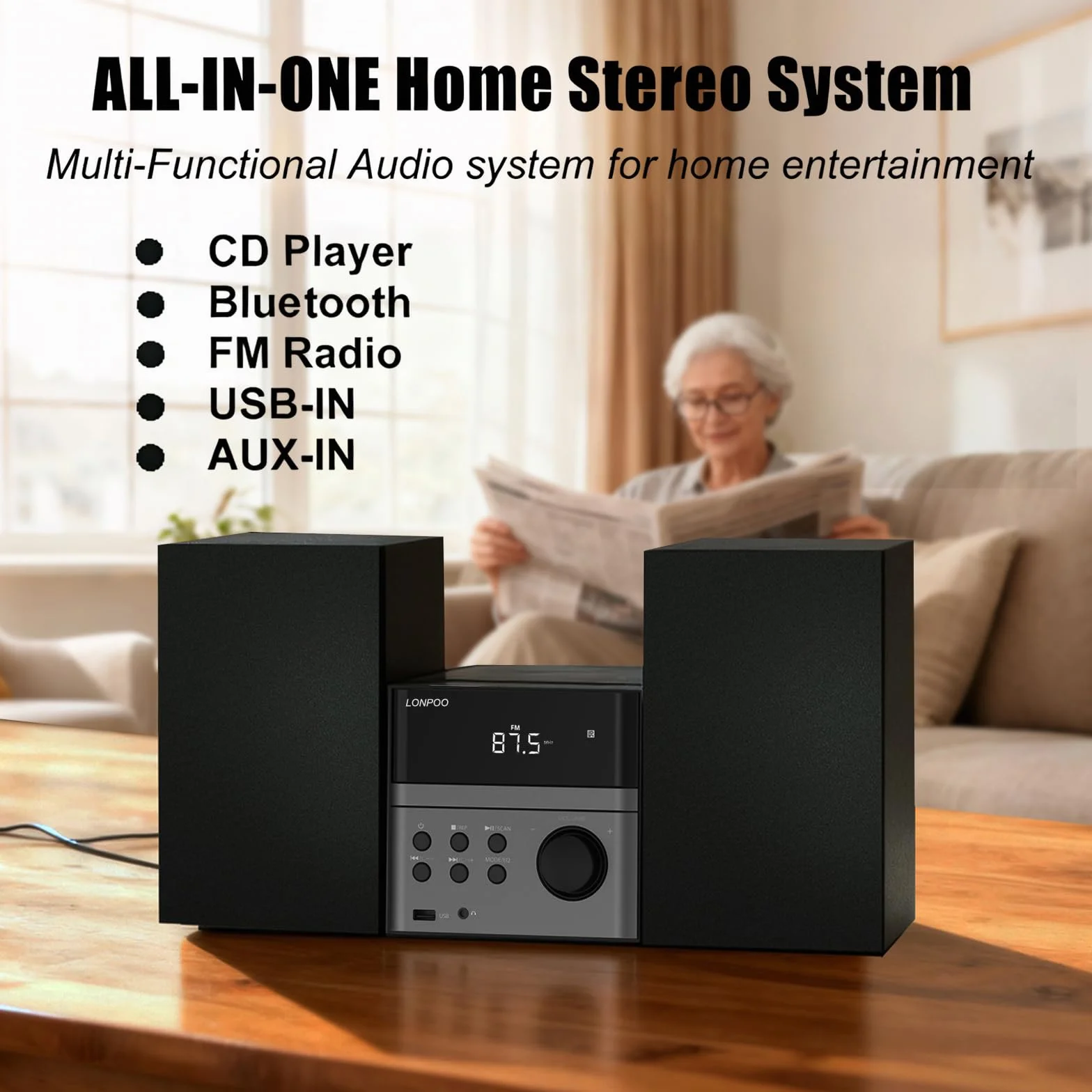 Micro Chaîne Hi-FI Stéréo Système compacte - avec Lecteur CD, Bluetooth, Radio FM, USB, AUX-in, écran LED et Grand Bouton, télécommande (EU-128BT) | Lecteur CD, Bluetooth, radio FM, entrée USB/AUX, sortie casque, technologie DSP, suppression des sons et b