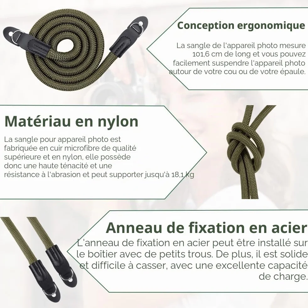 flintronic Sangle Appareil Photo, Bandoulière en Corde en Nylon, Courroie de Cou pour Appareil Photo, pour Canon, Appareils Photo pour Les Caméras Nikon, Sony, Fujifilm, Olympus, Leica - 102 cm
