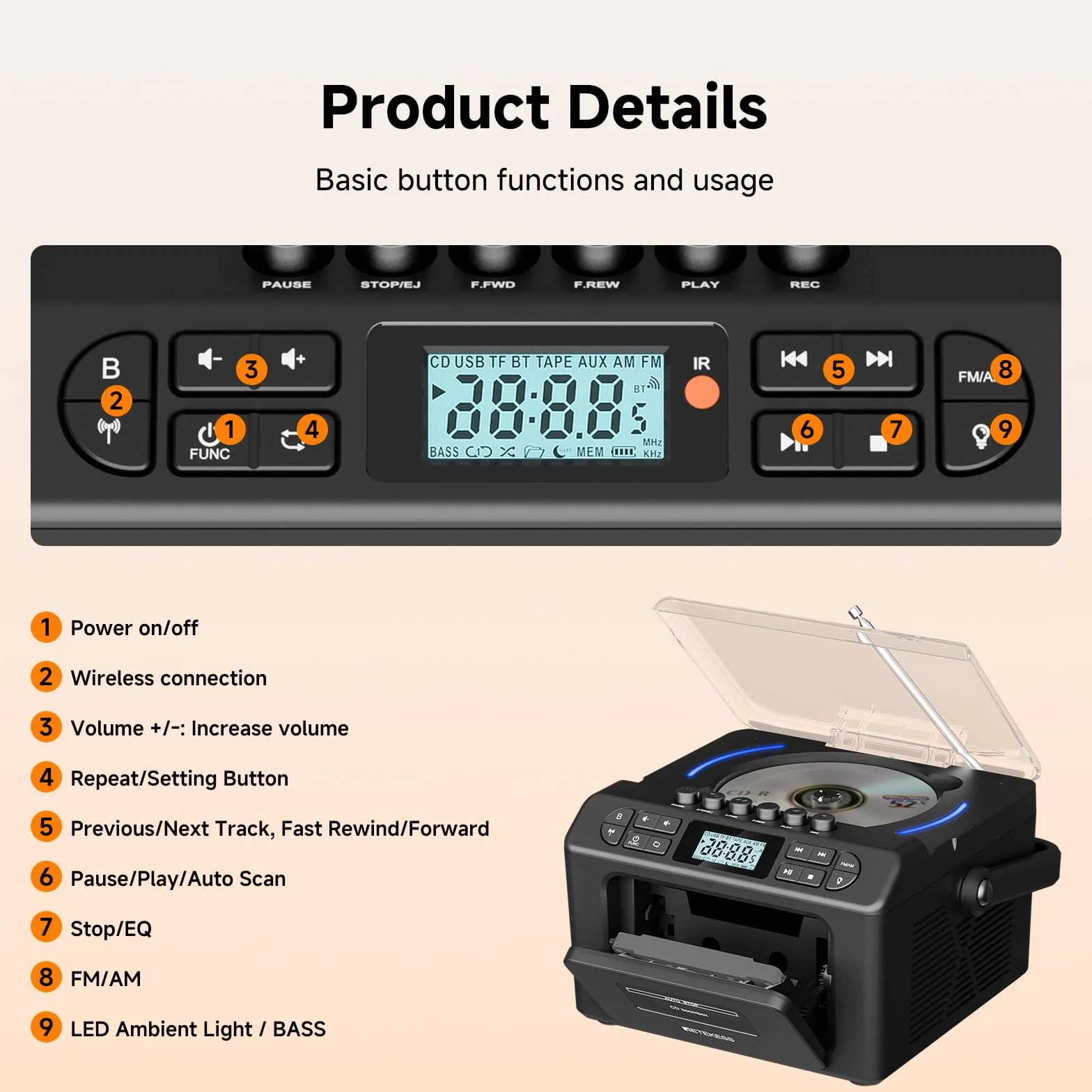 Retekess TR642 Lecteur CD Portable Radio AM FM Cassette Batterie 5000 mAh Boombox Stéréo
