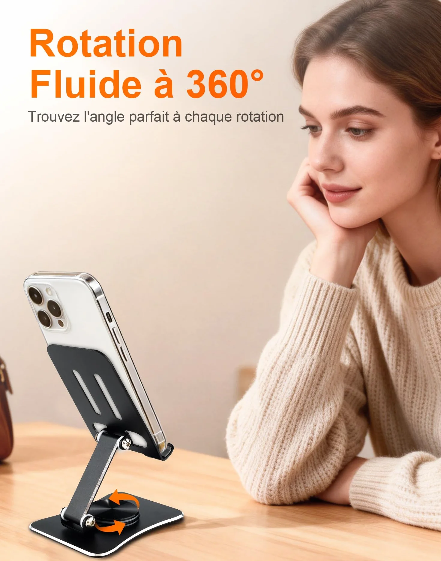 GRIFEMA GB1055 Support Téléphone et Tablette de Bureau Pliable, Rotatif 360°, Ajustable, Alliage d'Aluminium, Compatible 3,5–10,5''