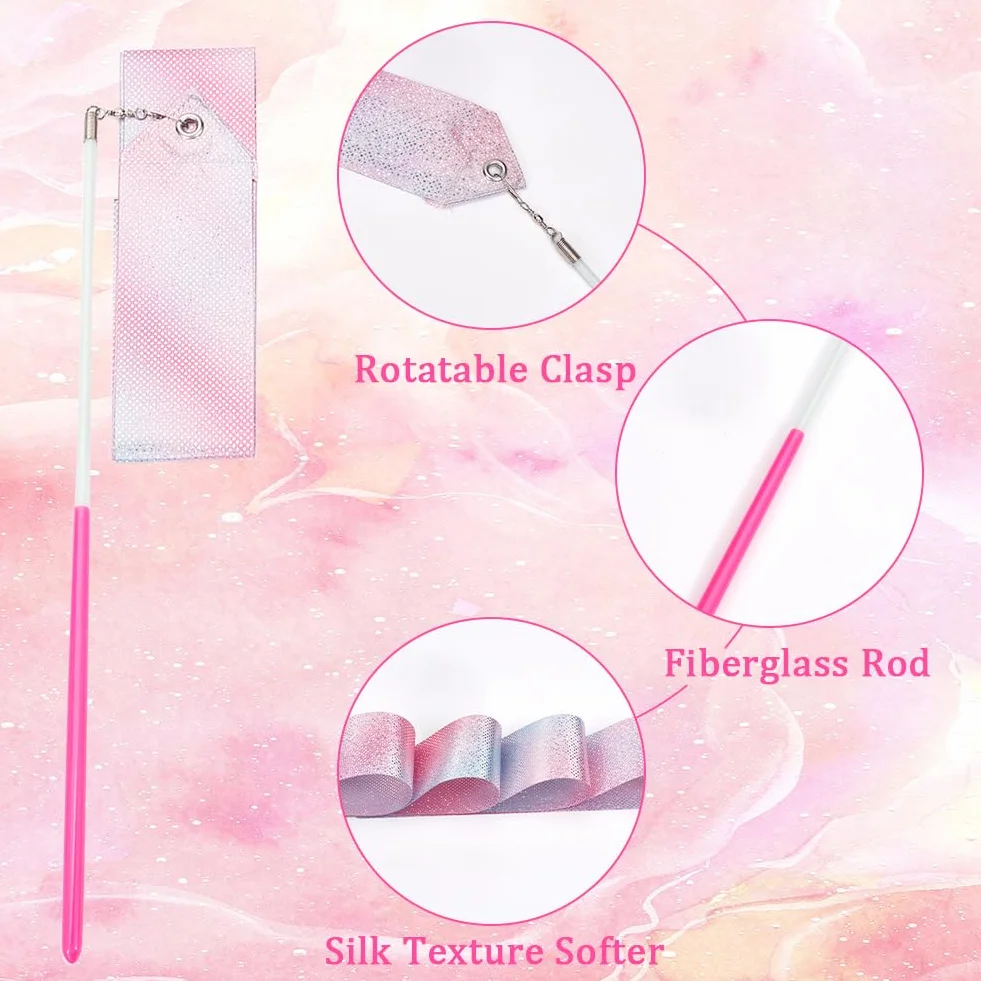 CREATCABIN Rubans Danse Polycoton Gymnastique Étincelants Banderoles Gymnastique Rythmique Roses avec Baguette 1.95m