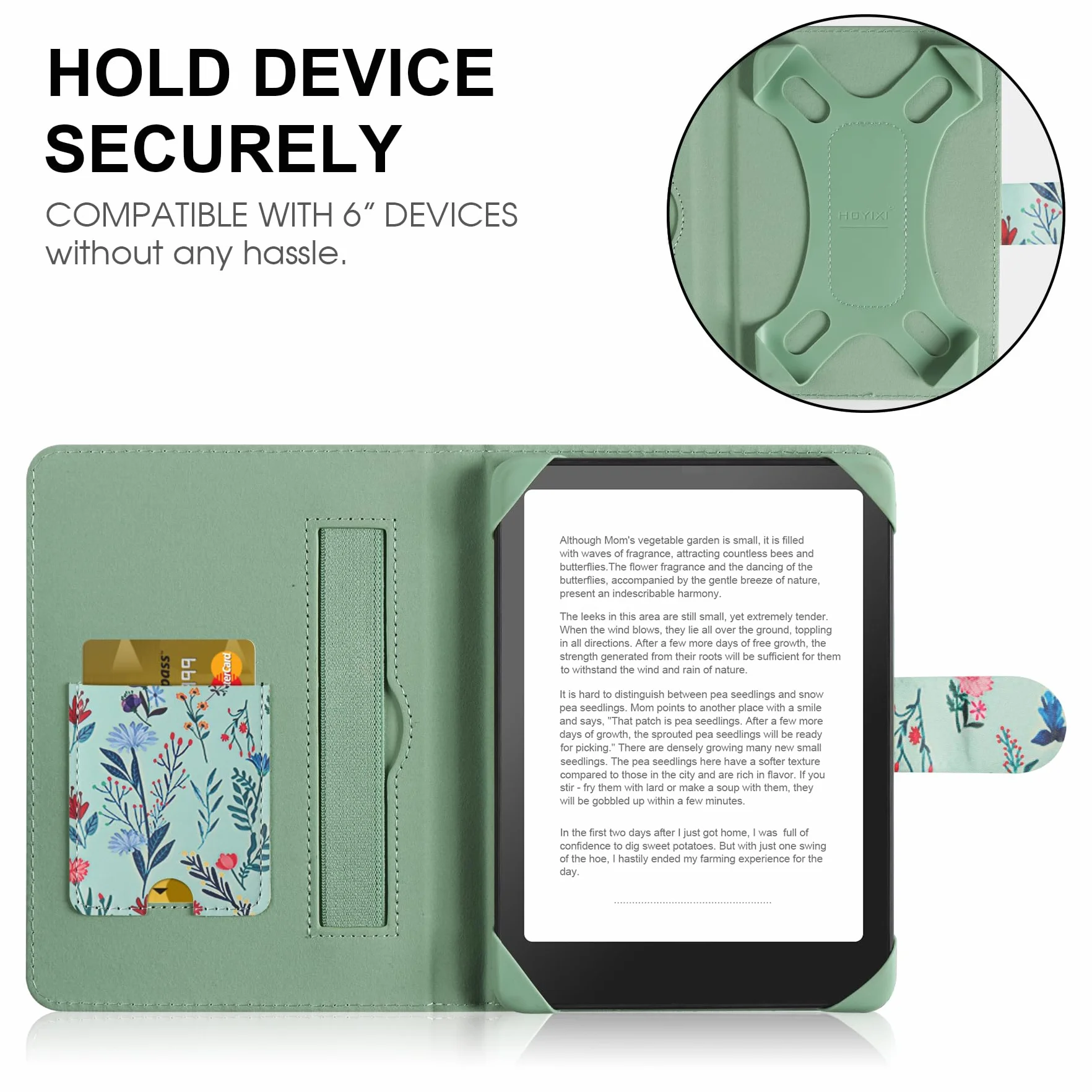 HoYiXi Universel Étui pour 6" Paperwhite /6" Kindle 2025 & 2019 Compatibilité Kobo/Voyaga/Pocketbook/Tolino eReader,Étui de Protection pour eReader 6 Pouce avec Porte-Cartes Intégré,Fleur 1