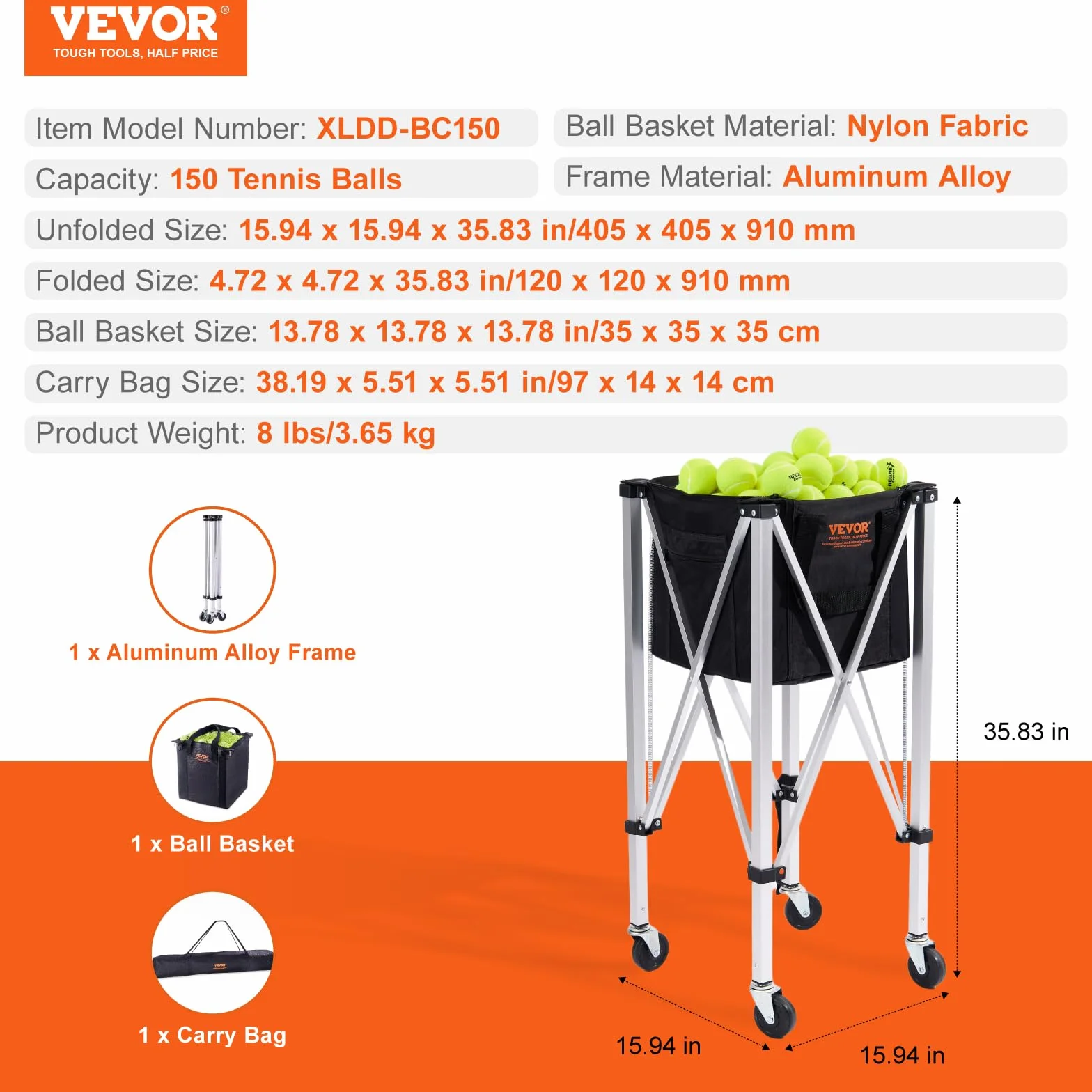 VEVOR Panier à Balle de Tennis Pliable 150 balles Chariot Alliage d'aluminium