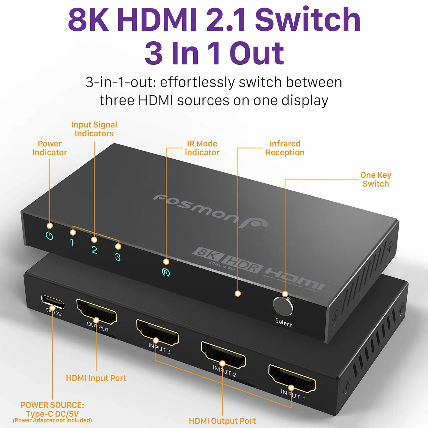 Fosmon Commutateur HDMI 8K 3 Ports avec Télécommande, 8K@60Hz 4K@120Hz HDR10+ HDCP 2.3 48Gbps, Switch HDMI 2.1 3 Entrées 1 Sortie Hub Compatible avec PS5, Xbox X|S, Apple TV, DVD, PC, Moniteur
