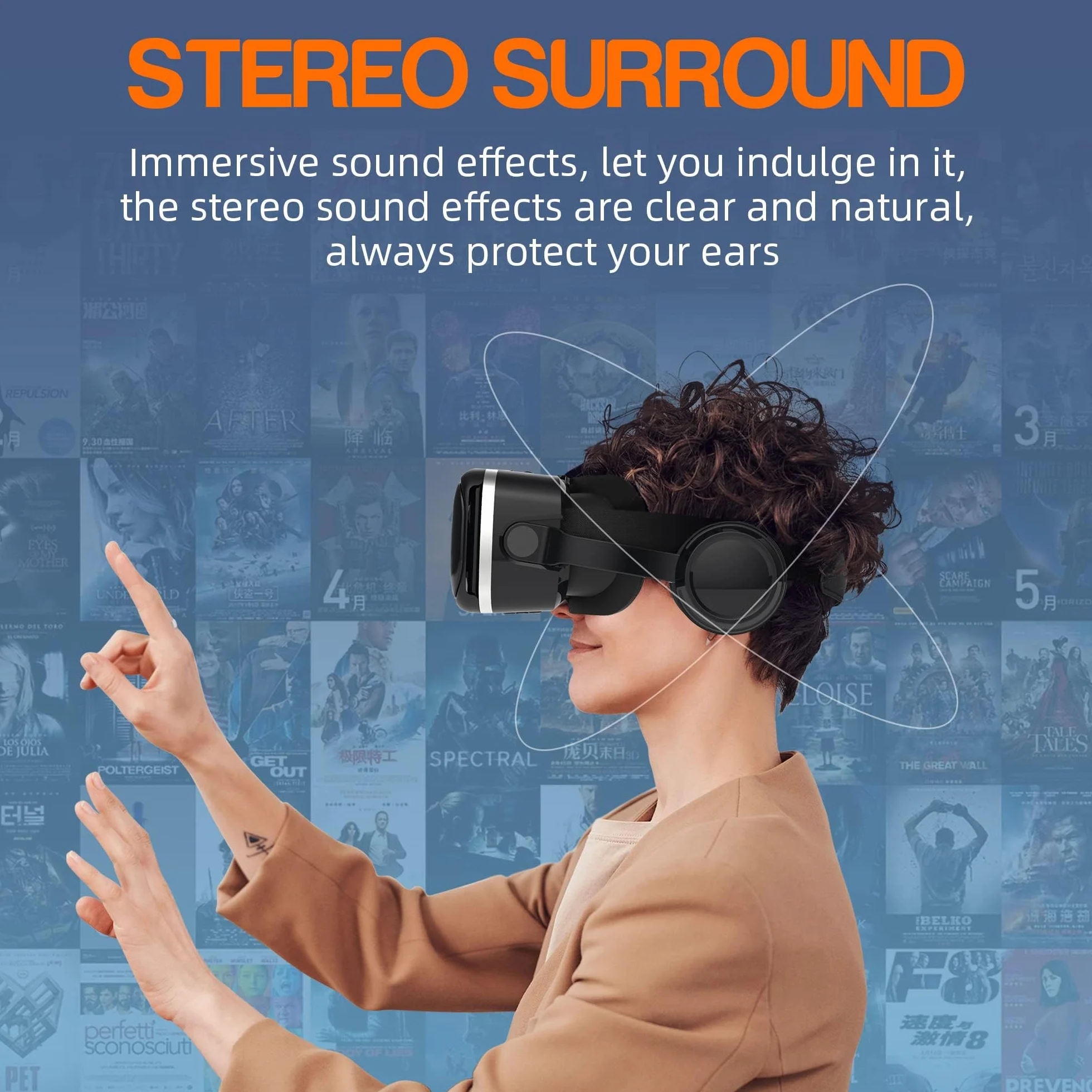 Casque VR HD Lunettes 3D avec Écouteurs Hi-Fi Intégrés pour Téléphone Android iPhone 4,7-6,6 Pouces