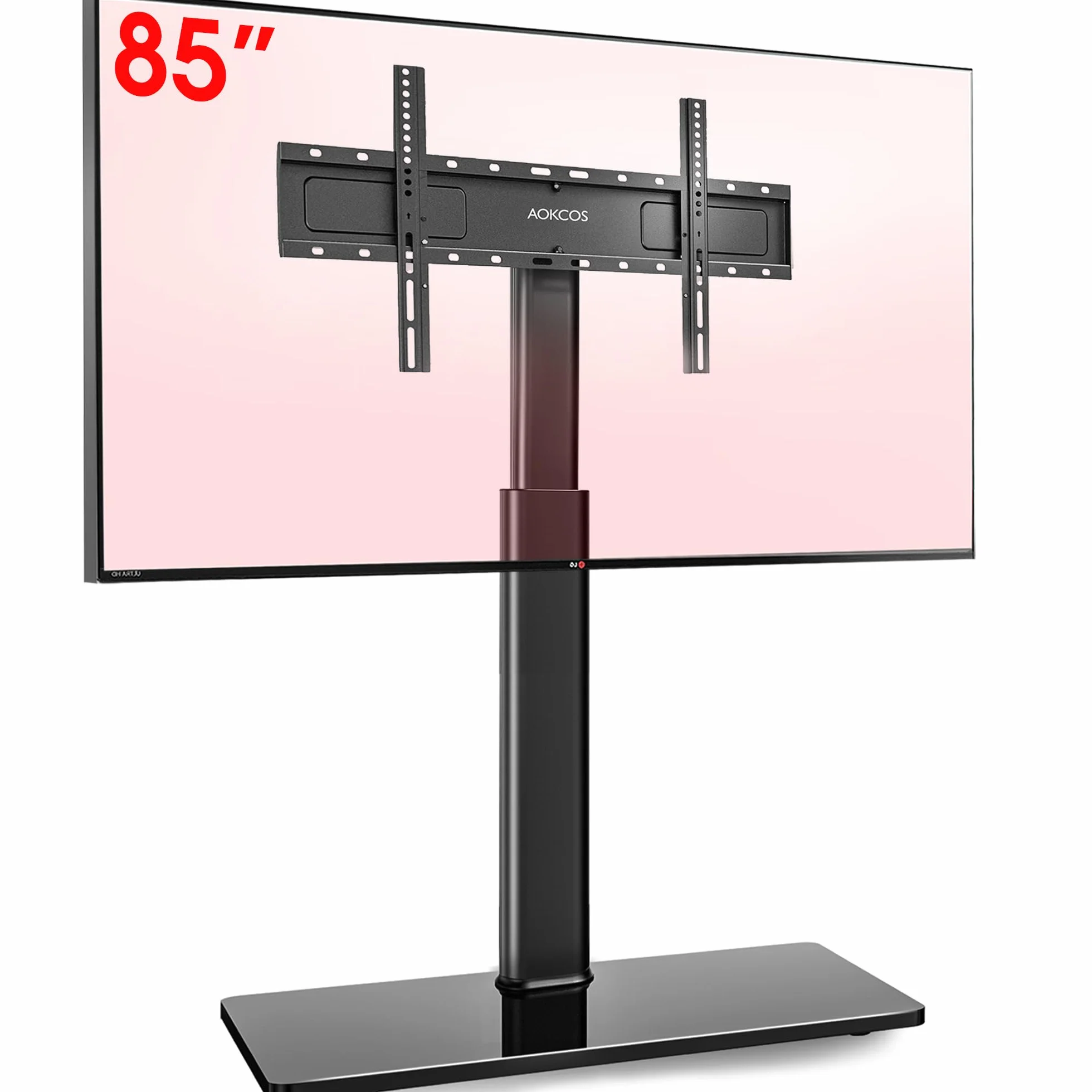 AOKCOS Support TV sur Pied Plus Haut 1,6m pour 43-85 Pouces,Pied pour TV Pivotant 50° Inclinable 12° Hauteur Réglable Max VESA 600x400mm Max Capacité 50 KG (Noir)