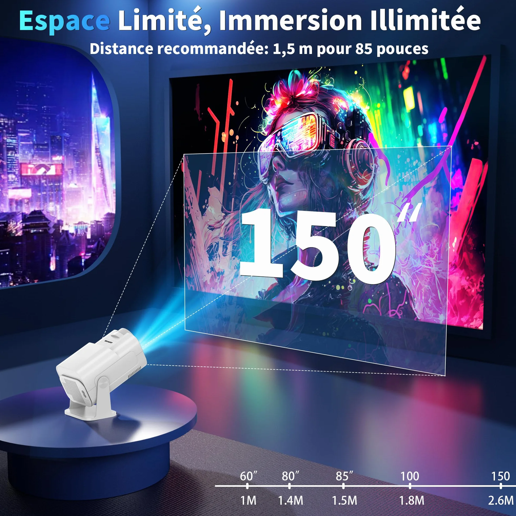 Vidéoprojecteur 4K 1080P WiFi 6 Bluetooth 5.2 Projecteur Trapézoïdale Automatique 270° Rotation HDMI Blanc