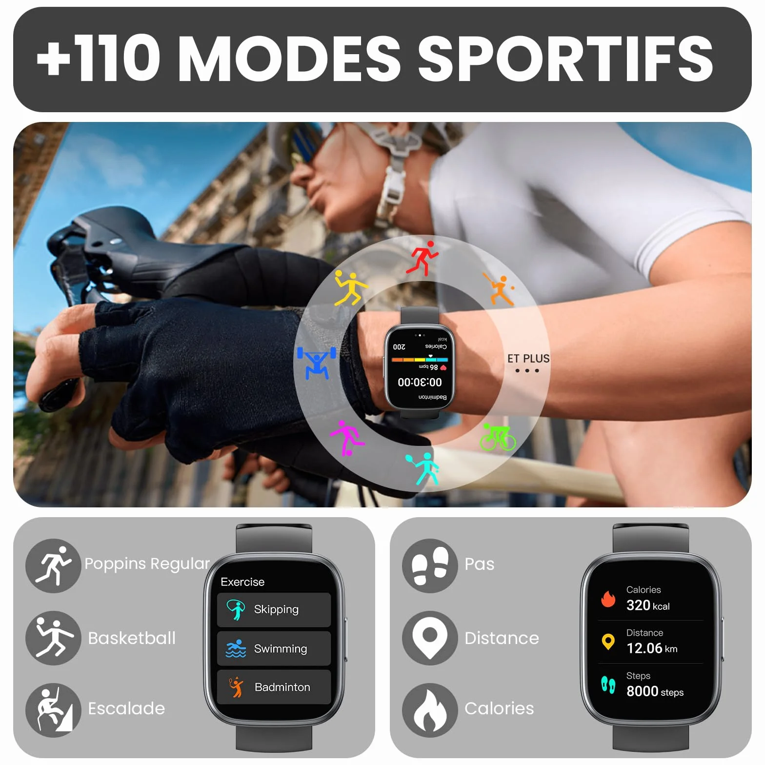 Cillso Montre Connectée 1,95" HD Smartwatch Appels Bluetooth 112 Modes Sportifs Cardiofréquencemètre SpO2 Sommeil IP68 Android iOS