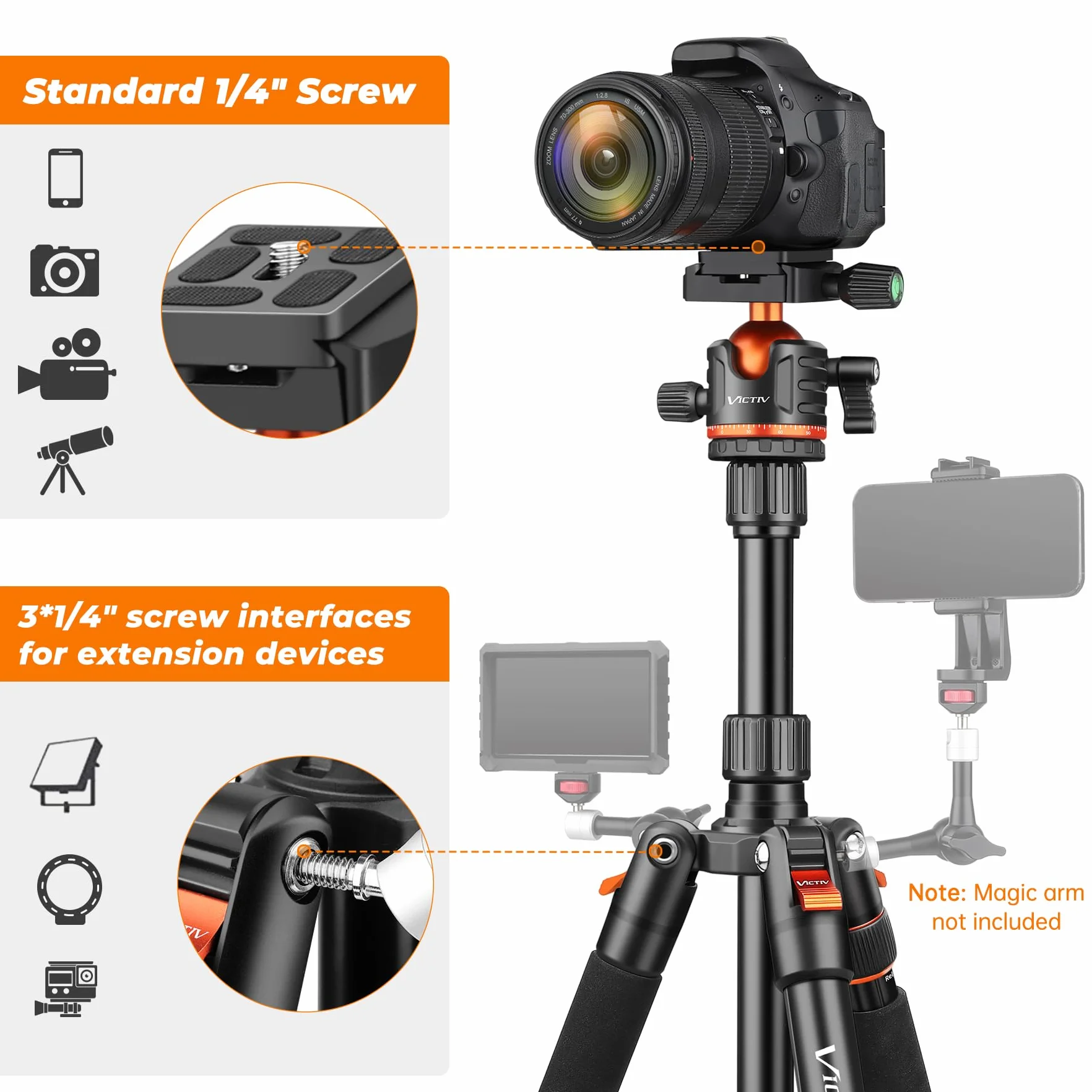 Victiv 200cm Trepied Appareil Photo, Trépied de Voyage Portable & Stable, Trépieds Caméra Aluminium avec 360° Rotule Ball & Monopode Amovible pour Canon Nikon Sony DSLR, Tripod pour iPhone Smartphone