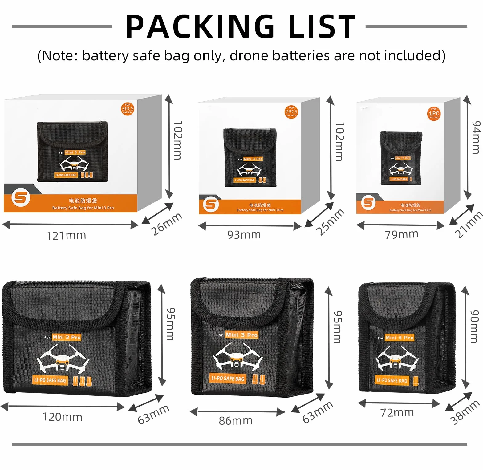 Lipo Batterie Coffre-Fort Sac pour DJI Mini 4 Pro/4K/3 Pro/3 Ignifuge Antidéflagrant Housse Boîte de Rangement Chargement Sécurisés Sac de Rangement Accessoires pour Drone (pour 3 Batteries)