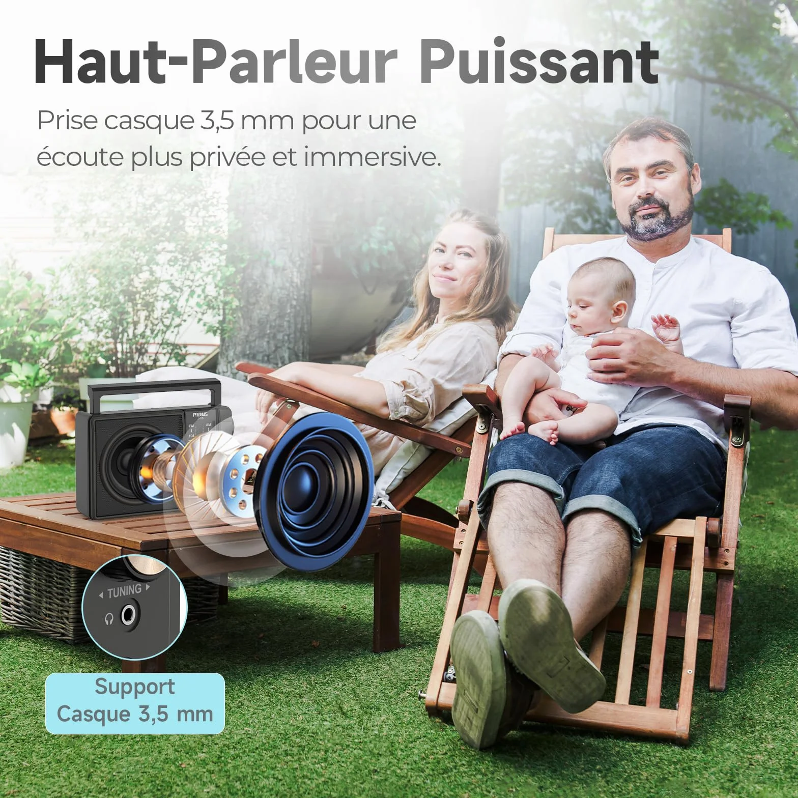 Poste Radio FM/AM PRUNUS J-03 Radio Portable Piles et Secteur, Transistor Haute Performance, Excellente Réception DSP, Haut-Parleur Puissant, Prise Casque 3.5mm - Idéal pour Personnes Âgées, Cuisine