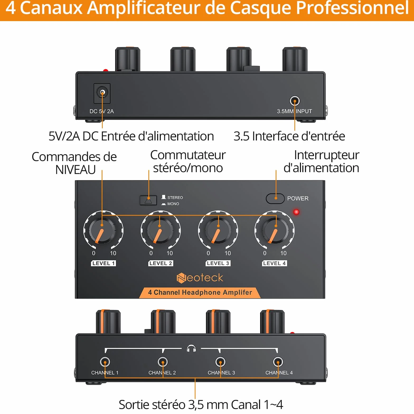 Neoteck Amplificateur de Casque Stéréo à 4 Canaux avec Commandes de Volume Amplificateur Audio en Métal Mono/Stéréo à 4 Canaux avec Câble Audio de 3,5 Mm pour Petits Groupes Club Bar Stage Mixer