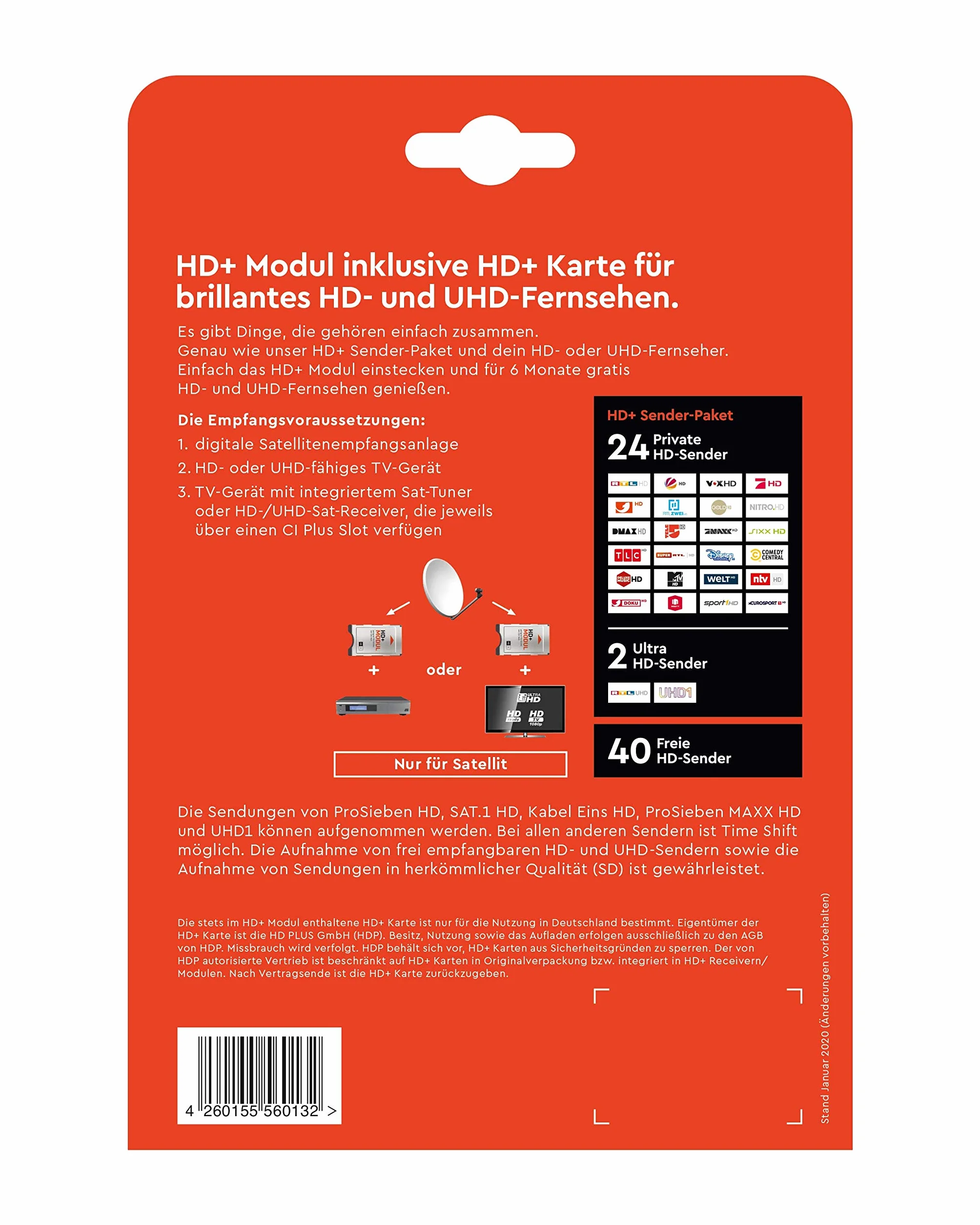 CI+ Modul inkl. HD+ Karte für 12 Monate HD+ Programme (nur für Sat-Receiver und Fernseher mit CI+ Schnittstelle)