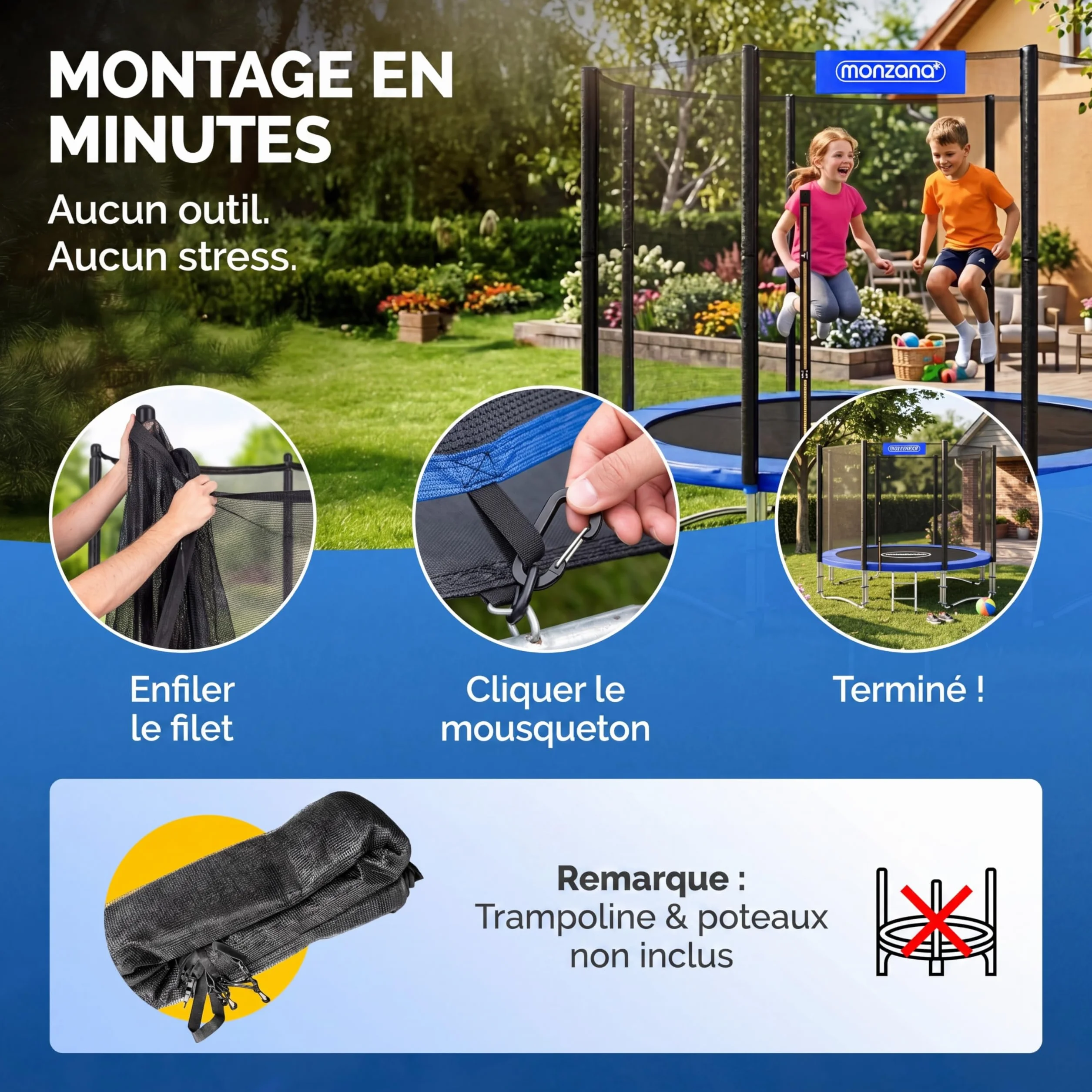Monzana Filet de sécurité pour Trampoline résistant Rond entrée zippée refermable