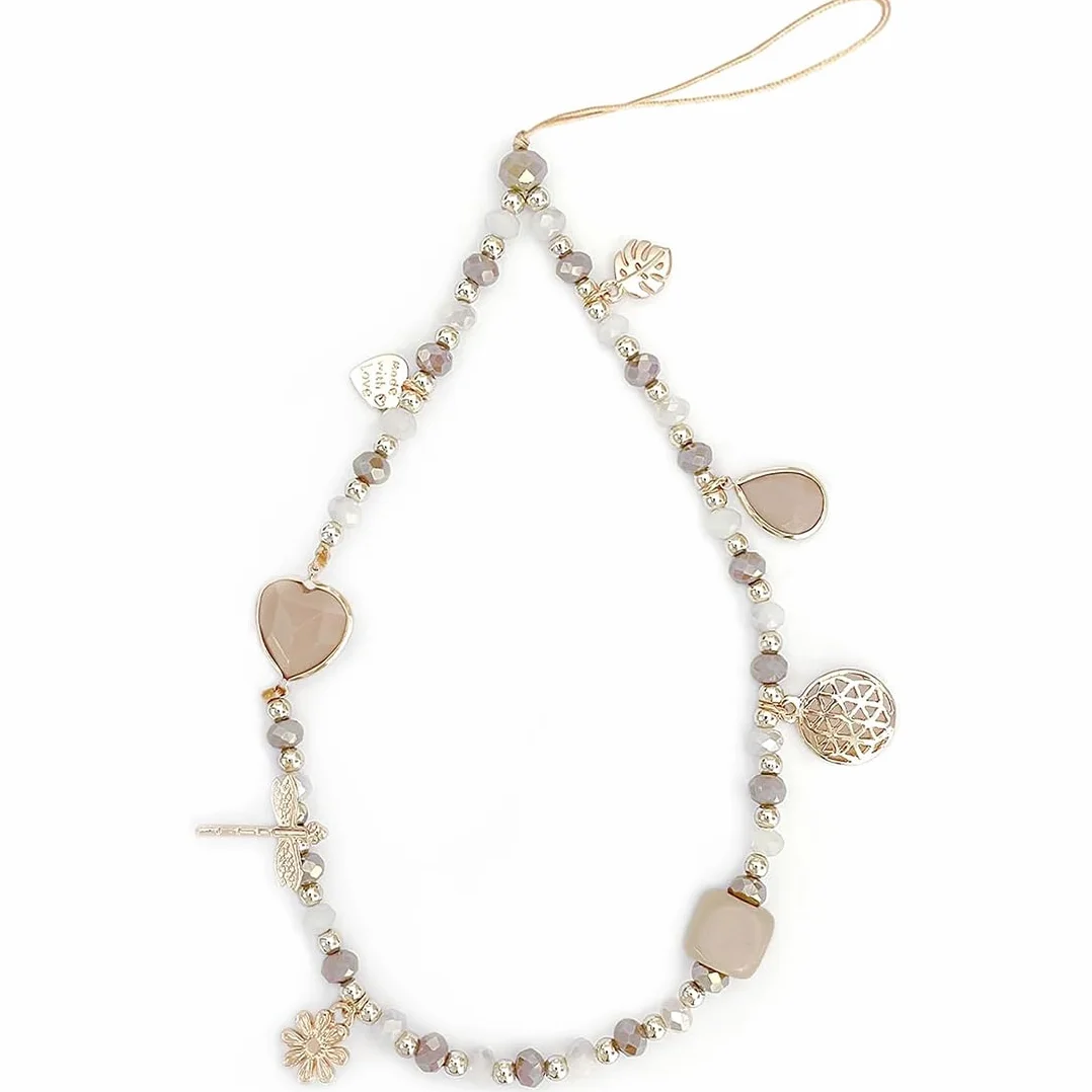 Cordon de téléphone Portable avec Bijou et dragonne en Cristal Beige Anti-Perte - étui Pendentif chaîne, 1 pièce.