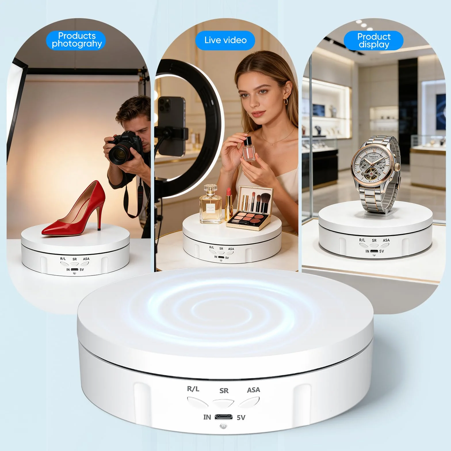 Plateau Tournant Electrique, 14,6 cm 10KG Charge Présentoir Rotatif Électrique à 360 degrés Plateau Tournant Photographie avec Chargement USB 3 Vitesses Réglables pour l'affichage et la Photographie