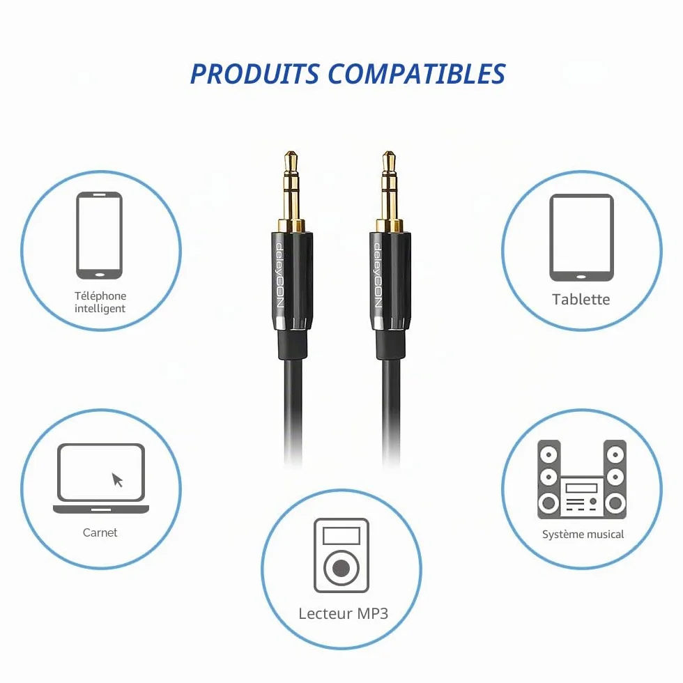 deleyCON 10m Câble Jack 3,5mm AUX Câble Audio Stéréo Fiche Jack Droite pour PC Laptop Smartphone Tablette Voiture Récepteur HiFi - Noir