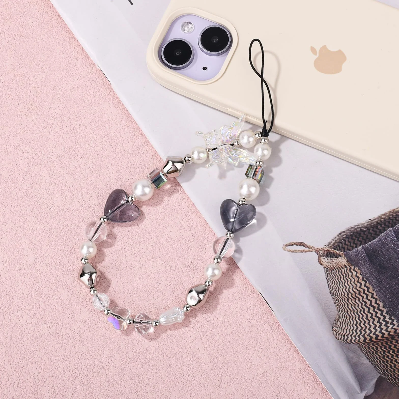 Gosknor Sangle de Téléphone à Perles, Joli Bracelet de Téléphone Portable Y2K en Forme de Cœur et de Papillon pour Portefeuilles Appareils Photo Porte-Clés Sacs à Dos Accessoires