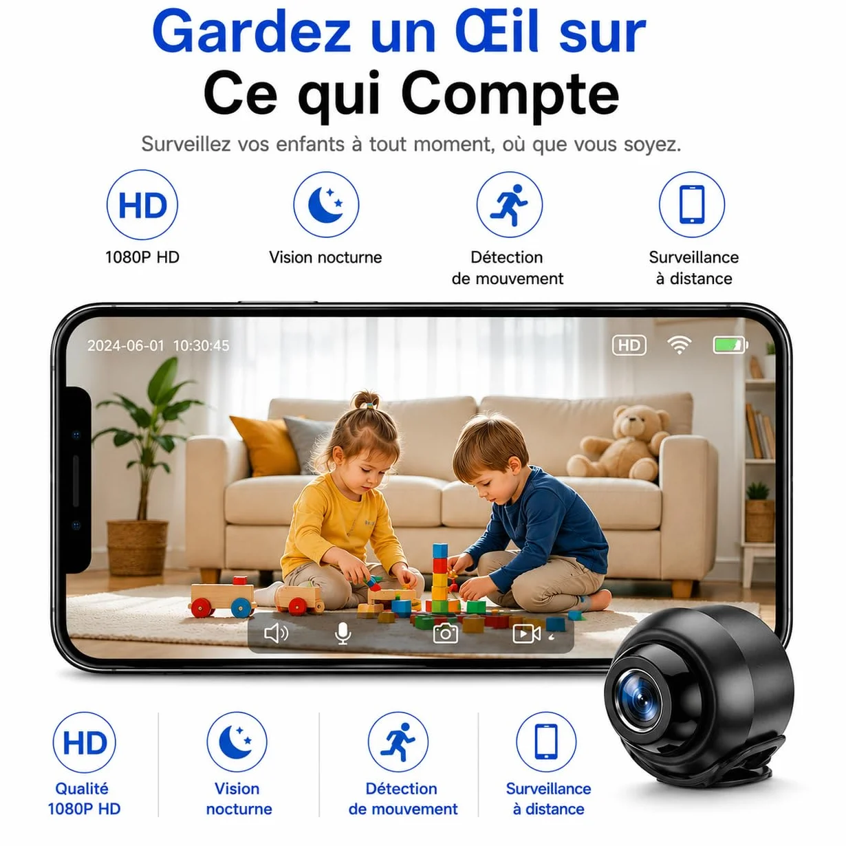 Mini Caméra Espion WiFi HD 1080P Caméra Cachée Sans Fil Vision Nocturne Détection de Mouvement Accès à Distance Enregistrement Continu Surveillance Intérieure Maison