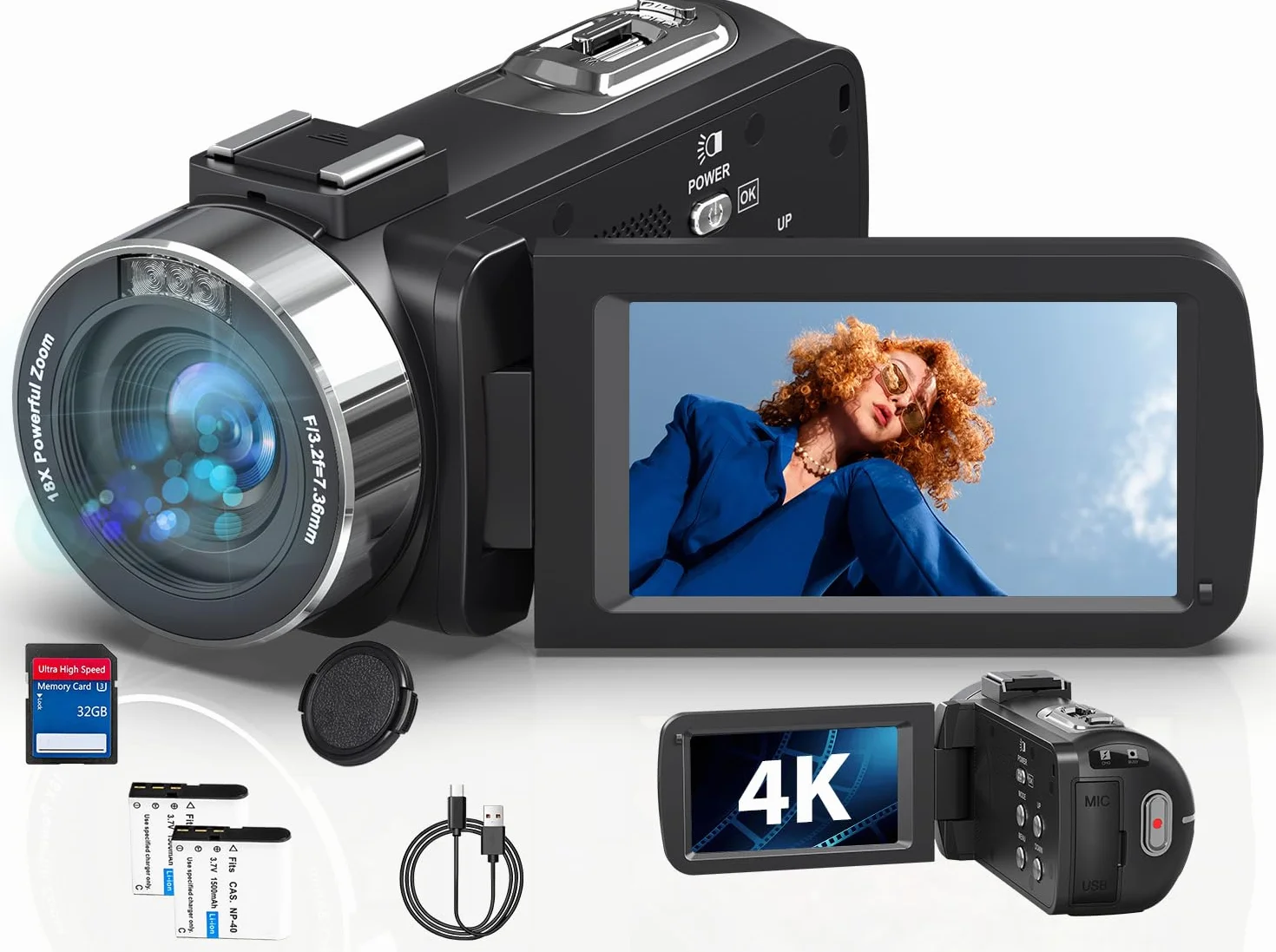 Caméscope 4K 80MP 30FPS Vision Nocturne Infrarouge Zoom 18X Écran IPS 3,0 Pouces avec 2 Piles et Carte SD 32Go