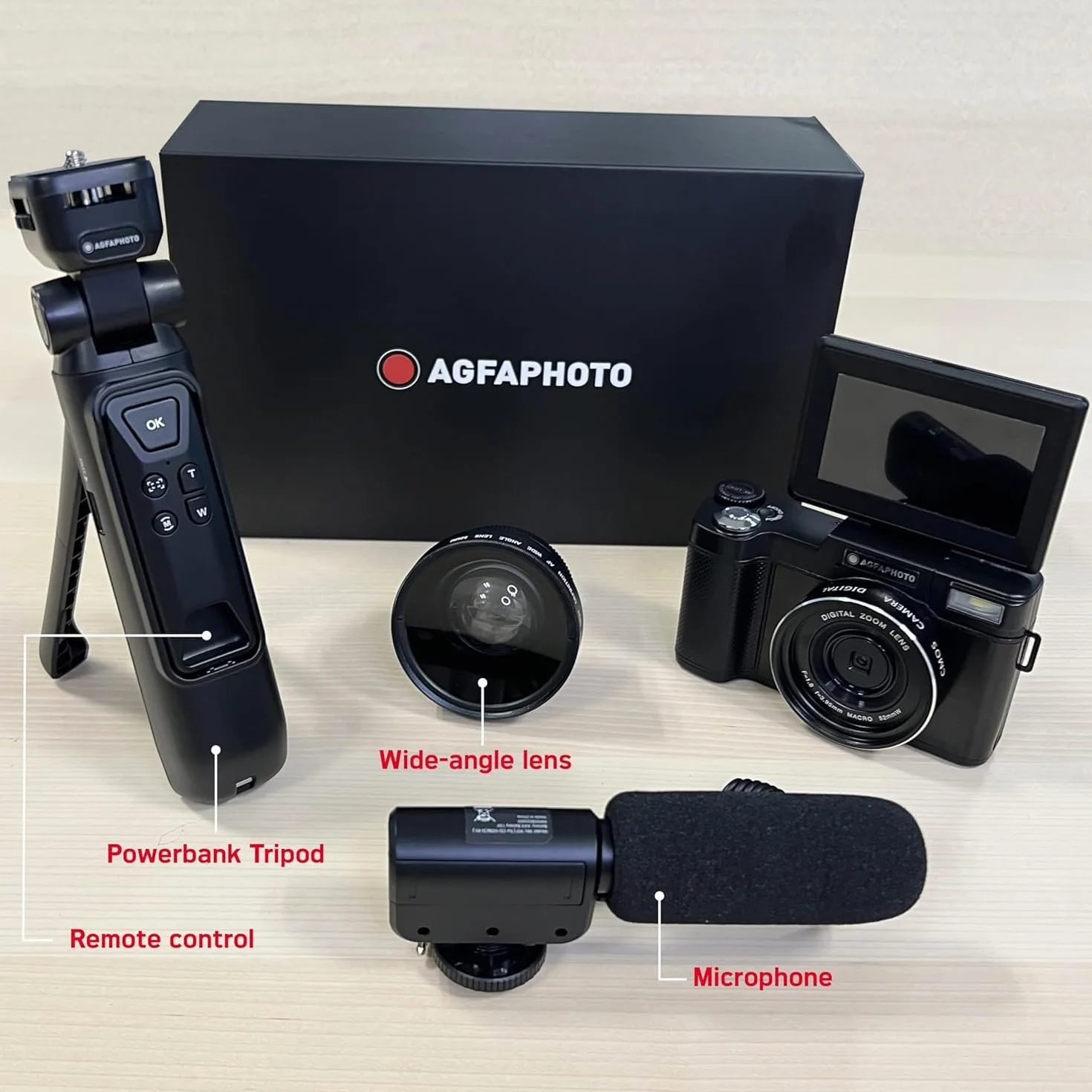 AgfaPhoto Realishot VLG-4K Kit Vlogging - Caméra 24MP, Vidéo 4K, Ecran LCD 3'', Zoom Numérique 16X, Capteur CMOS, Batterie Lithium - Noir