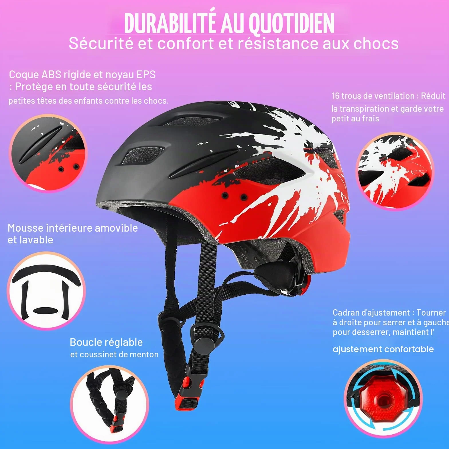 Casque de vélo Enfants 4-15 Ans léger avec feu arrière Cadran réglable visière Amovible 48-56 cm