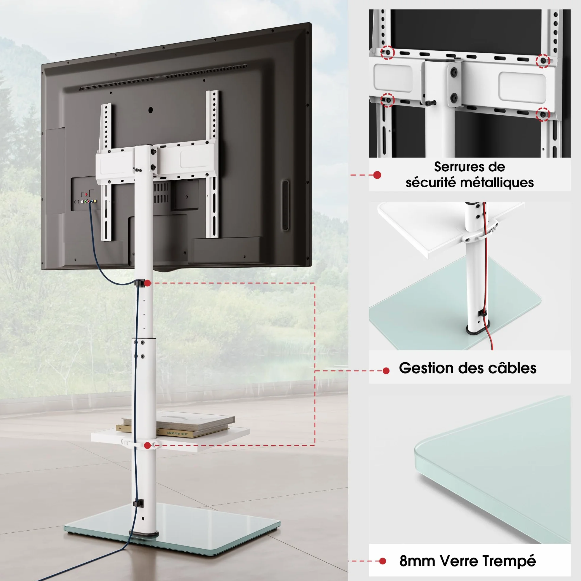 AOKCOS Support TV sur Pied pour TV de 32-70 Pouces,Pied TV avec Étagère Réglable en Hauteur Pivotant 60° et Inclinable 12°,Max. VESA 400x400 mm Max. Capacité 40 KG
