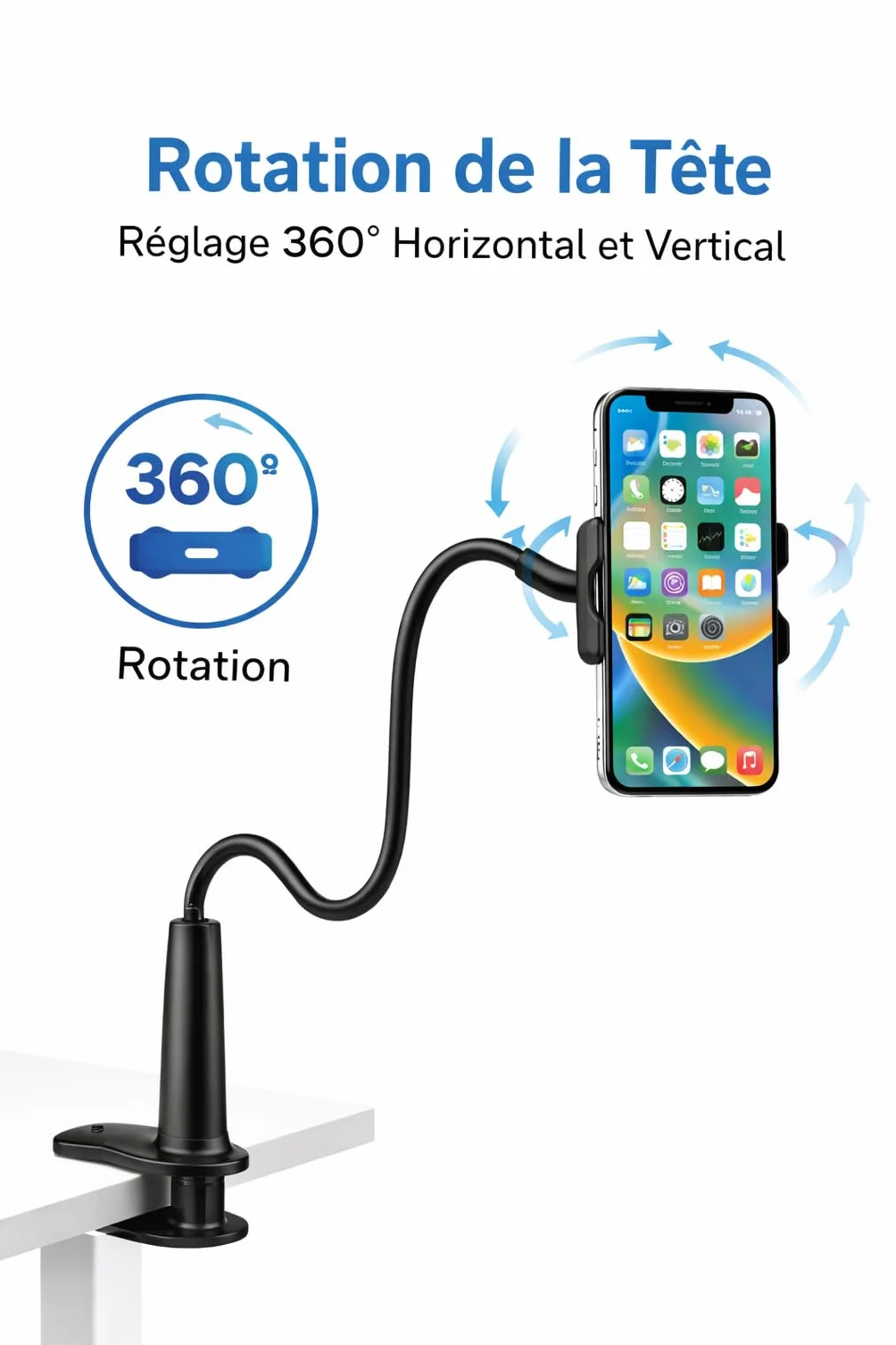 Support Téléphone pour Lit avec Bras Flexible à Col de Cygne – Support Smartphone Rotation 360° Réglable – Compatible iPhone 7 8 X XS 11 12 13 14 15 16 17 Pro Samsung Huawei Honor – 4 à 6,5 Pouces