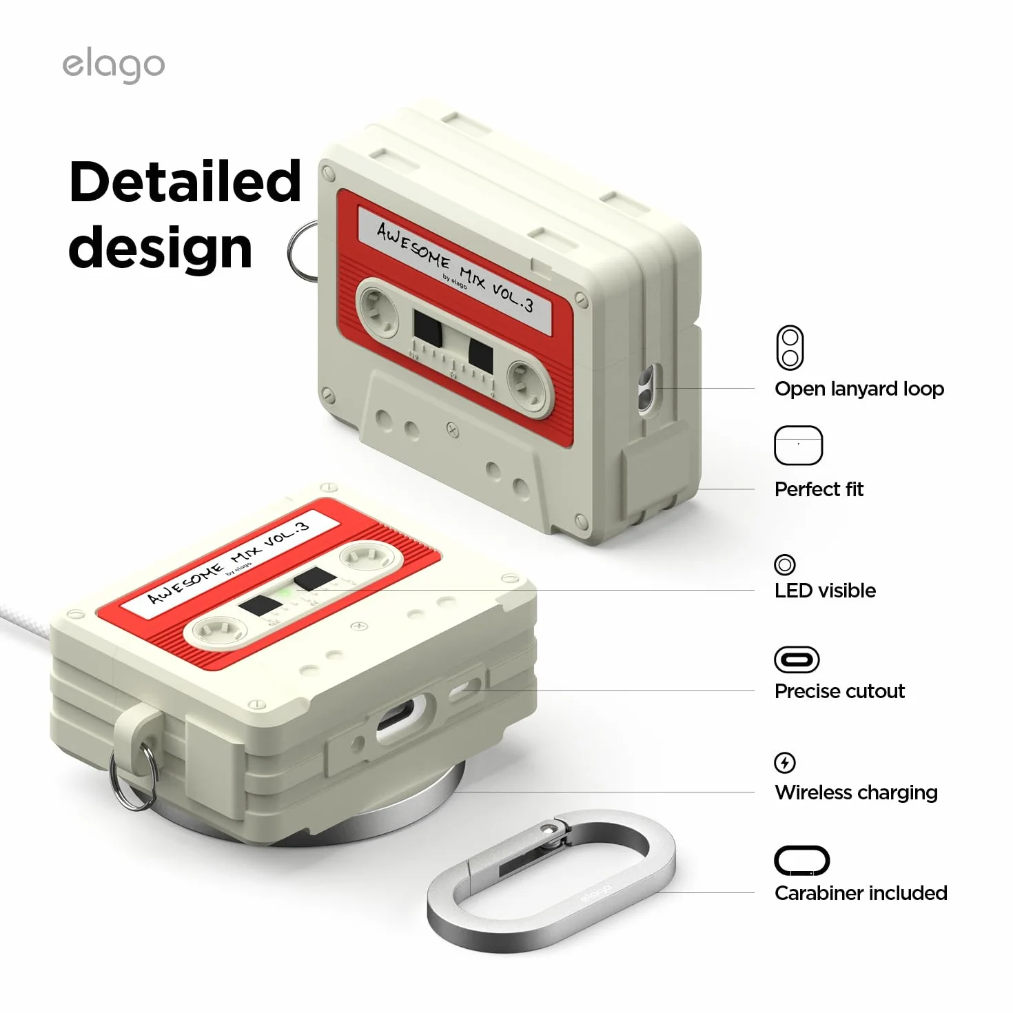elago Coque Cassette Compatible AirPods Pro 3 Étui Protection Complète Résistante Chocs Chargement Sans Fil Mousqueton Inclus Blanc Classique