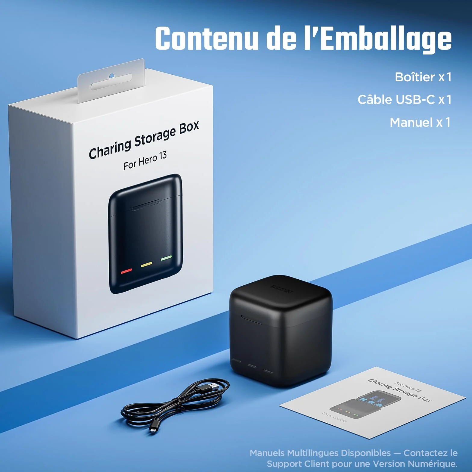 Jeebel Chargeur de batterie pour GoPro Hero 13 Black - Chargeur 3 canaux rapide 2,4 A USB-C - Compatible GoPro Hero 13 Black