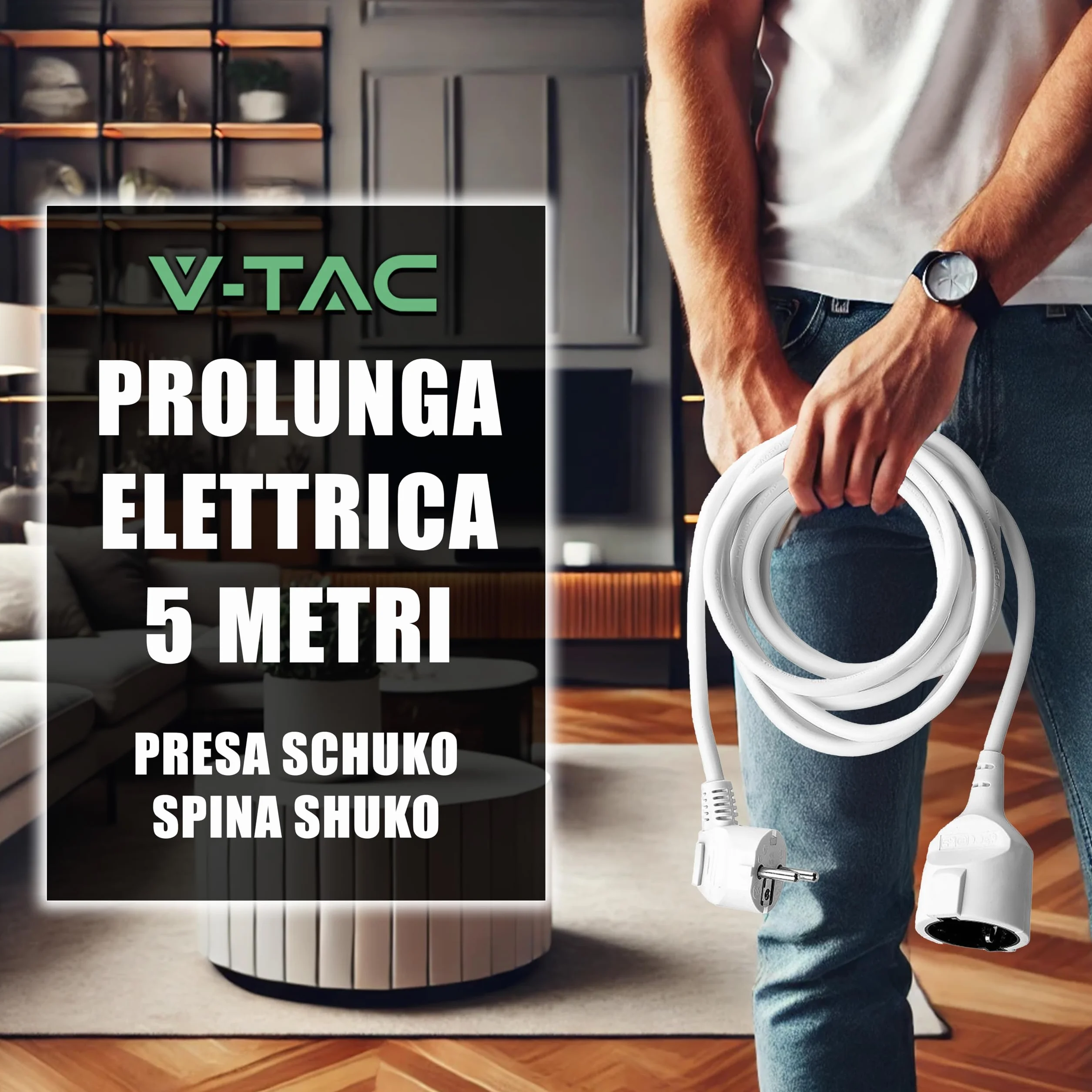 V-TAC Rallonge Électrique 5 MÈTRES - Prise Shuko - Prolongateur Électrique de Câble pour la Maison, Le Bureau, Le Magasin, Le Travail - Super résistante - Charge maximale 3680W