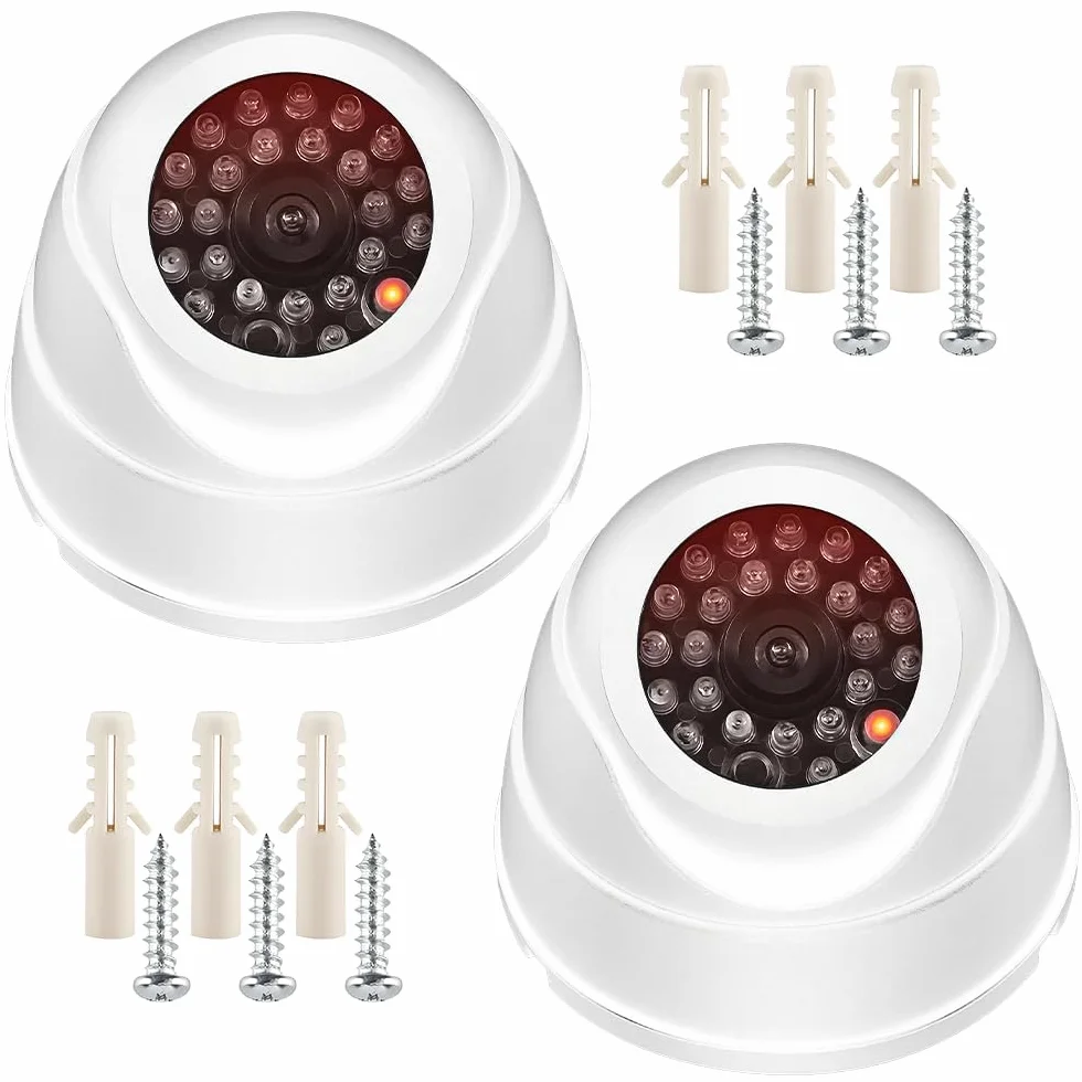2Pcs Camera Factice, Caméra de Surveillance Factice avec LED Infrarouge Clignotante Rouge Fausse Caméra pour Extérieur Intérieur pour Les Entreprises Magasins Accueil (Blanc)