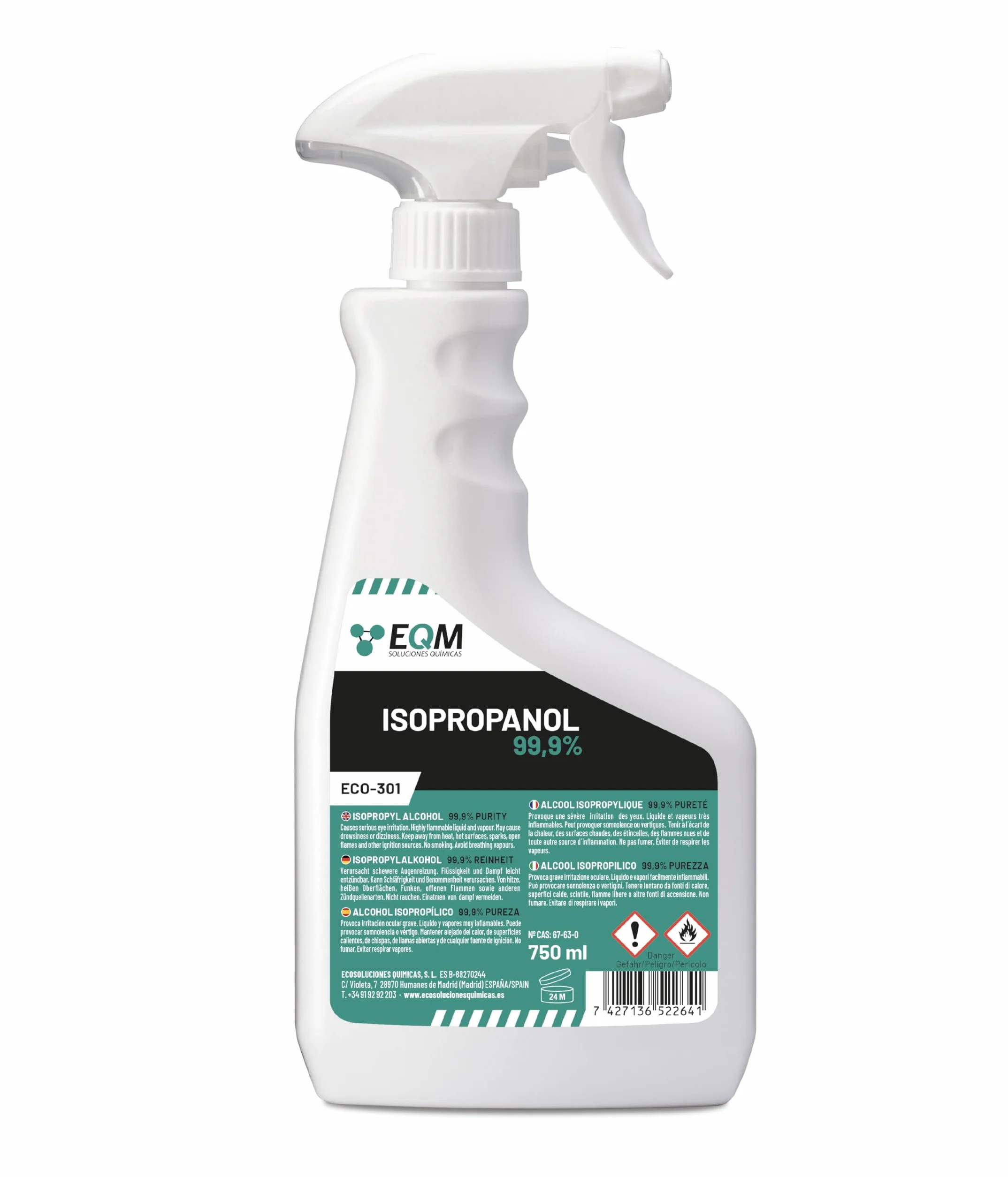 EQM - ECO-301 - Alcool Isopropylique Pur 99,9% - 750 ML - Nettoyage de Composants Électroniques, Objectifs, Écrans et Résines d’Impression 3D