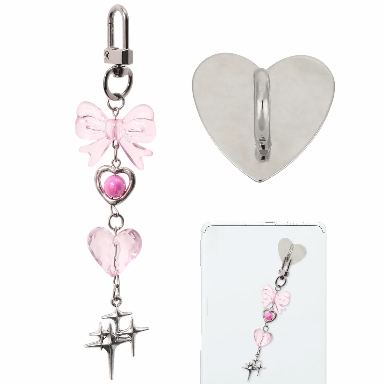 Chaîne de Charme pour Kindle, Délicate avec Nœud Cœur Étoile, Accessoire pour Étui de Téléphone Tablette Liseuse (Rose)