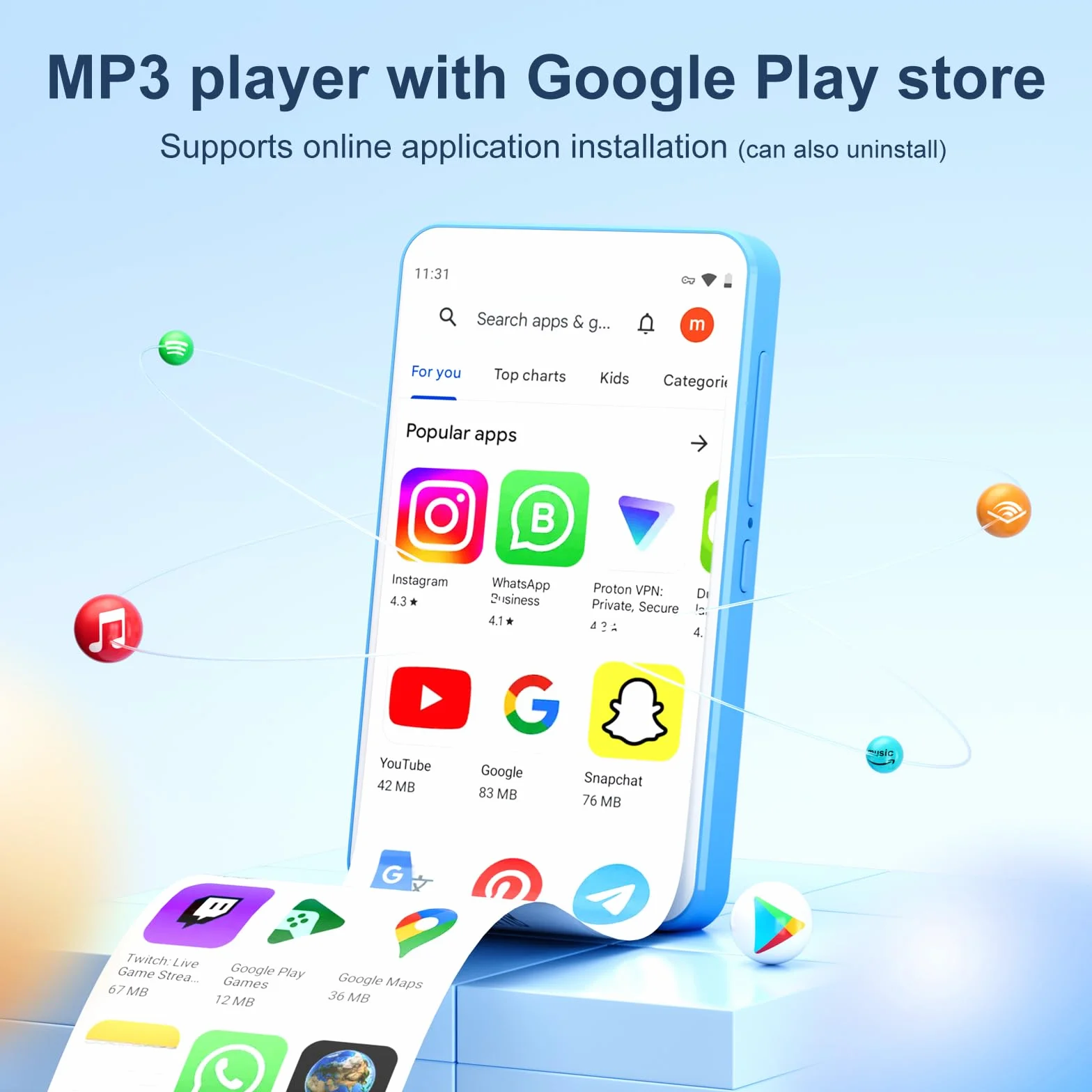 Oilsky Lecteur MP3 Bluetooth WiFi 80GB 4" 1080P Tactile Android 9.0 Portable Spotify Audible Deezer Bleu