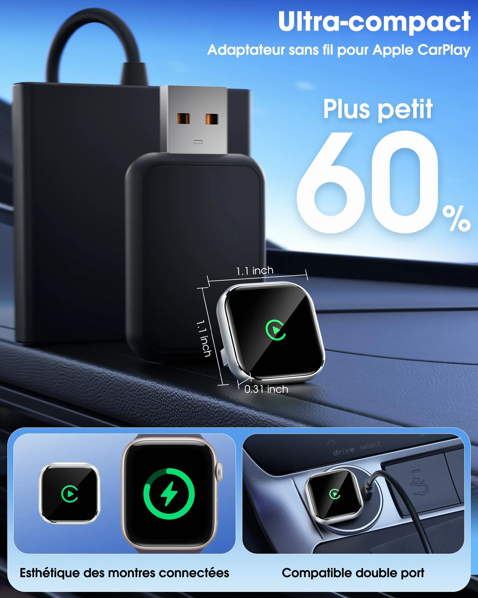 Boîtier CarPlay sans Fil pour GPS Portable pour Voiture – pour écran monté sur Tableau de Bord, convertit CarPlay Filaire en sans Fil, Compatible système d’Origine (2016+) Uniquement pour iPhone