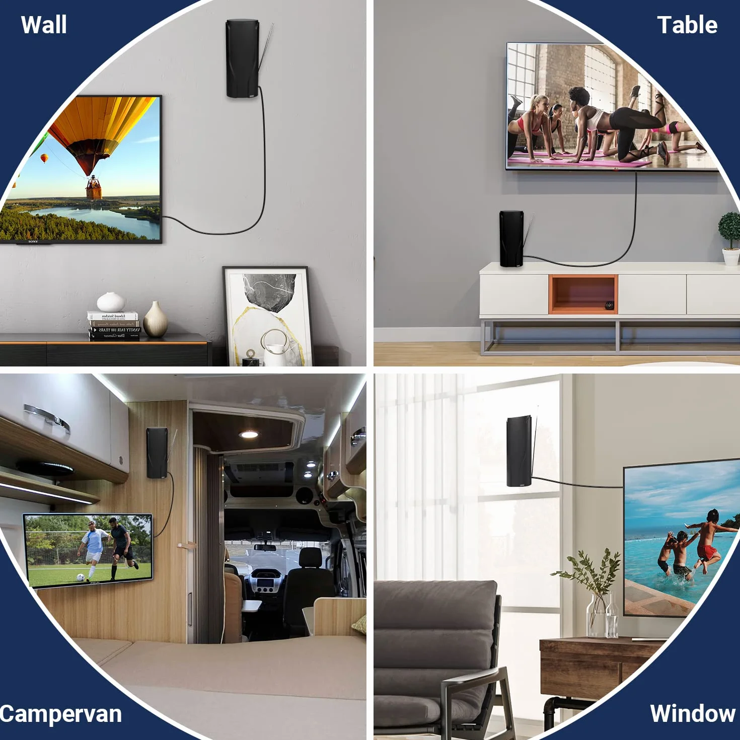 August DTA600 - Antenne TV Intérieur Puissante TNT HD - France Belgique, Portable, Télescopique, 360 Haut Gain DVB-T / T2 UHF VHF, Télévision Numérique Digital - 5m de câble Maison Universel - Noir