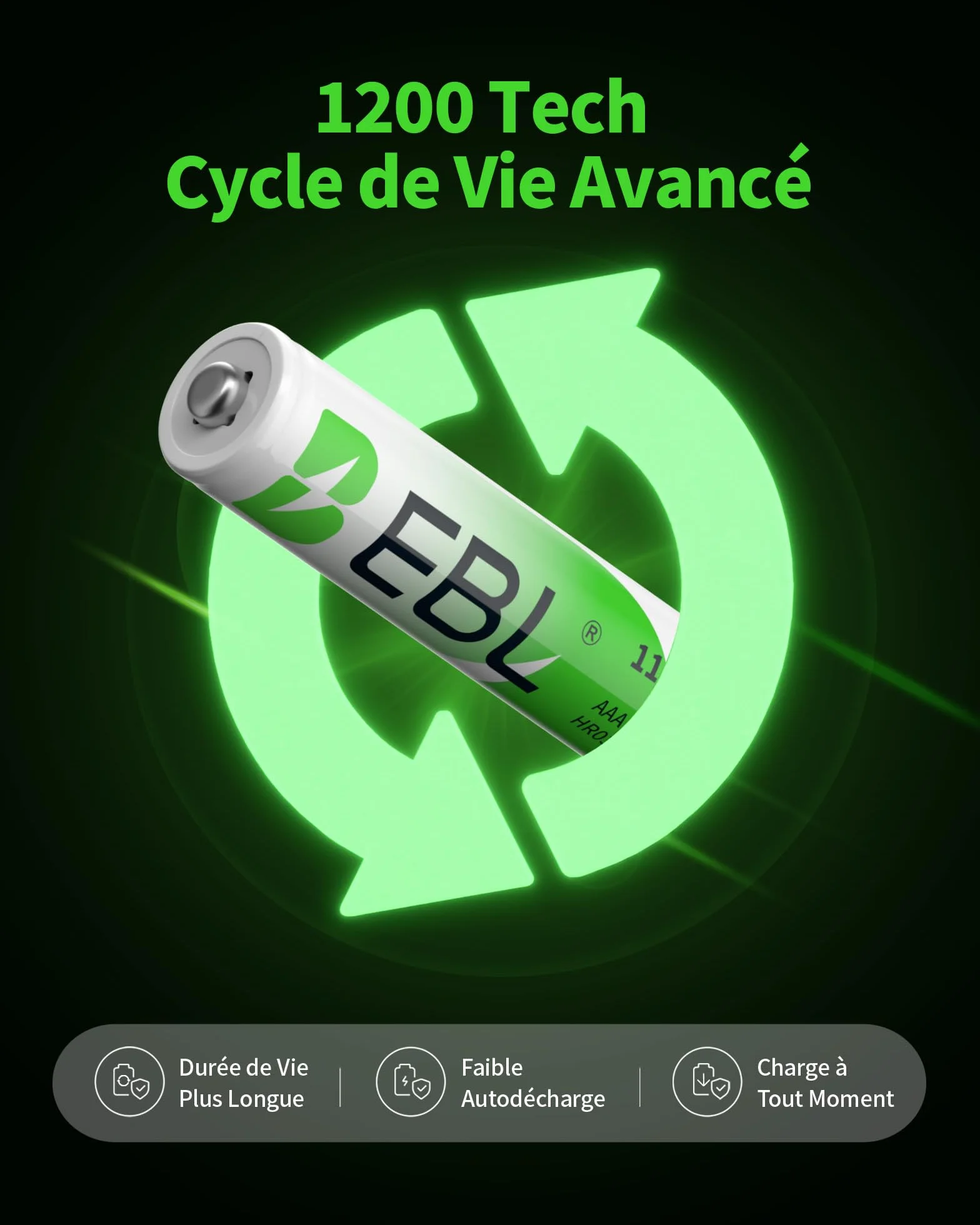 EBL Lot de 4 Piles Rechargeables AAA 1.2V 1100mAh Ni-MH R03