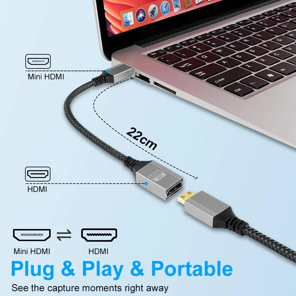 AXFEE Mini HDMI vers HDMI Câble 20cm, 4K 60Hz Mini HDMI Mâle vers HDMI Femelle, en Charge Ethernet,UHD,3D,HDR,Arc,Compatible avec Nikon D7100 Canon EOS RP/R