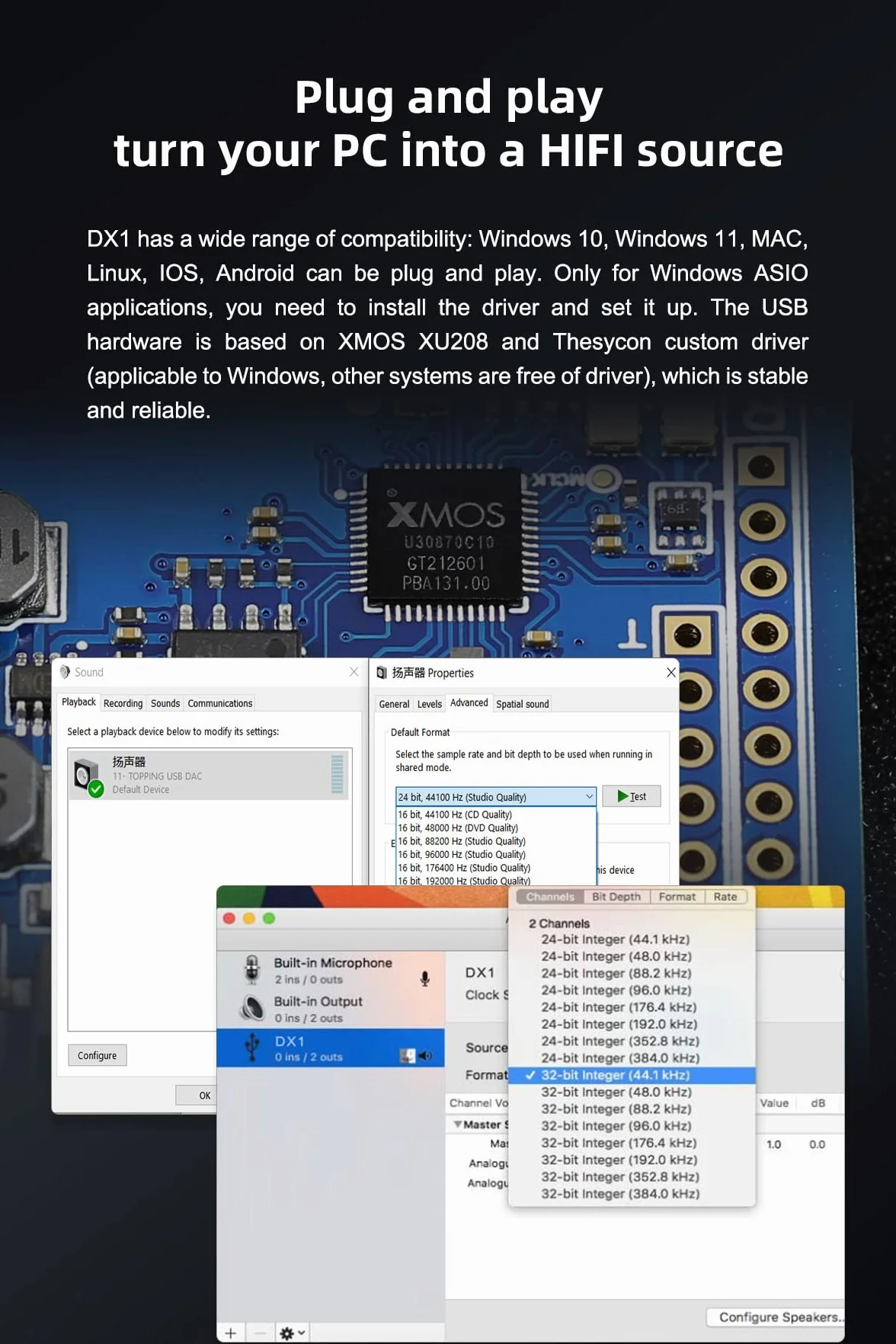 Topping DX1 prend en charge jusqu'à DSD256 et PCM384 THD+N < 0,0002 % XMOS XU208 AK4493S 2 réglages de gain audio haute résolution DAC et amplificateur de casque (noir)