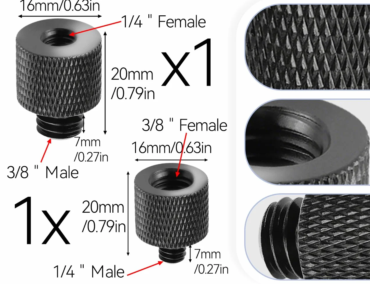 Adaptateur de Filetage 2 Pièces, Adaptateur de Pied de Microphone en Alliage d'Aluminium 3/8 vers 1/4 Pouce, Vis de Trépied 1/4 vers 3/8 Pouce, pour Pieds d'Éclairage d'Appareil Photo (Noir)