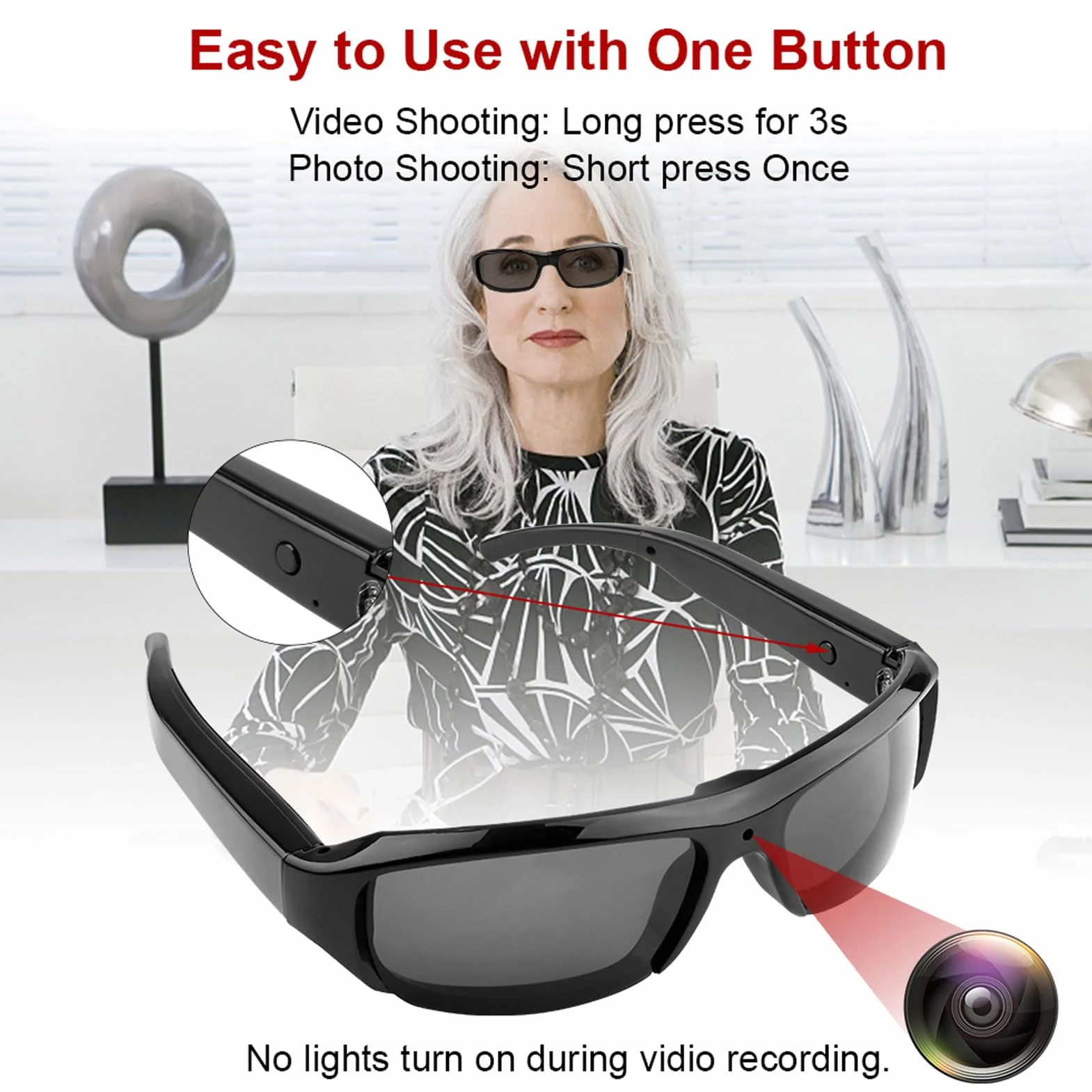 Tosuny Lunettes Intelligentes avec Caméra 1080P, Lunettes de Caméra d'action avec Objectif Grand Angle 120°, Anti-secousses Intelligentes, Enregistrement en Boucle, Lunettes de Soleil